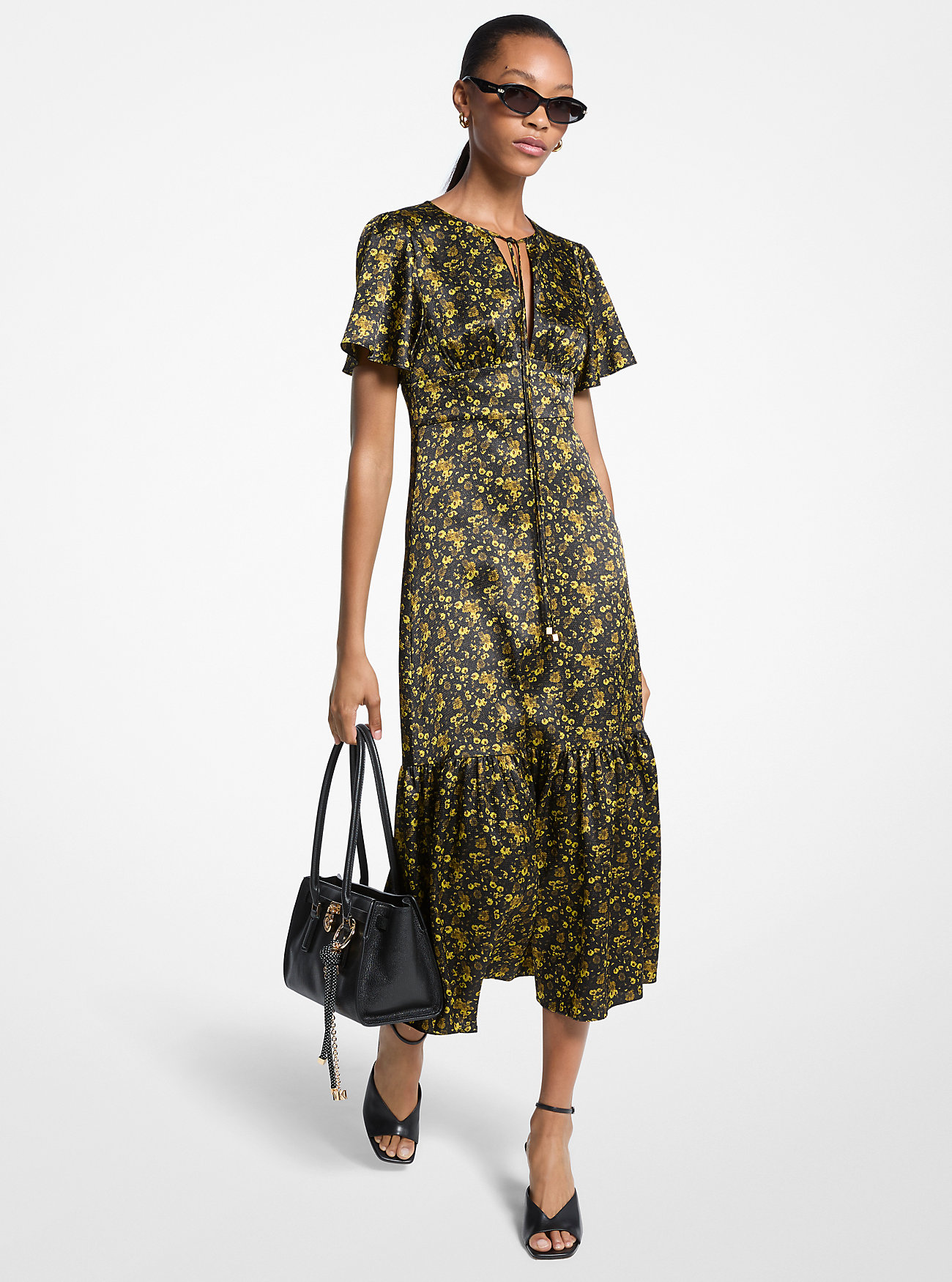 MK Floral Hammered Satin Midi Dress -