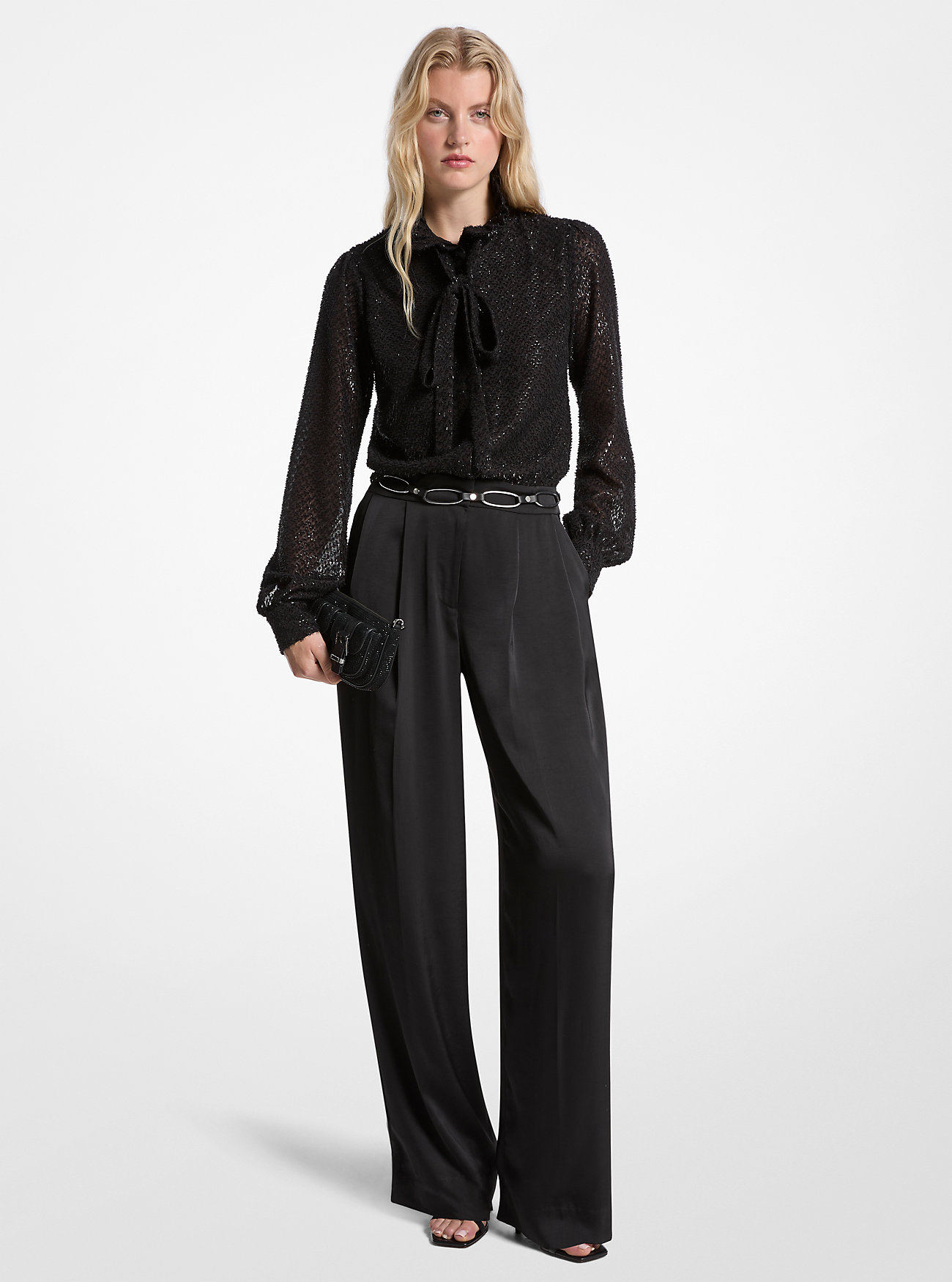 MK Metallic Clip Jacquard and Satin Tie-Neck Jumpsuit -