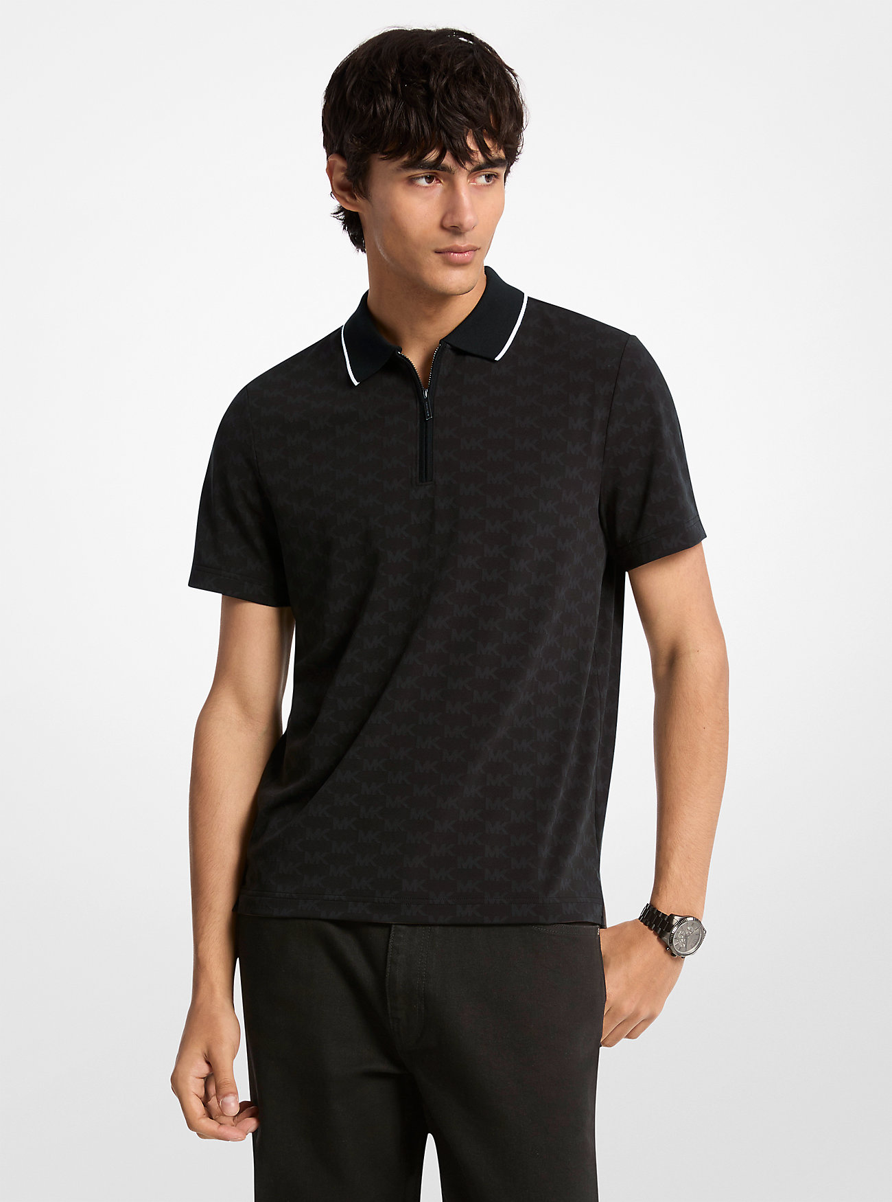 MK Logo Jacquard Zip-Up Polo Shirt -