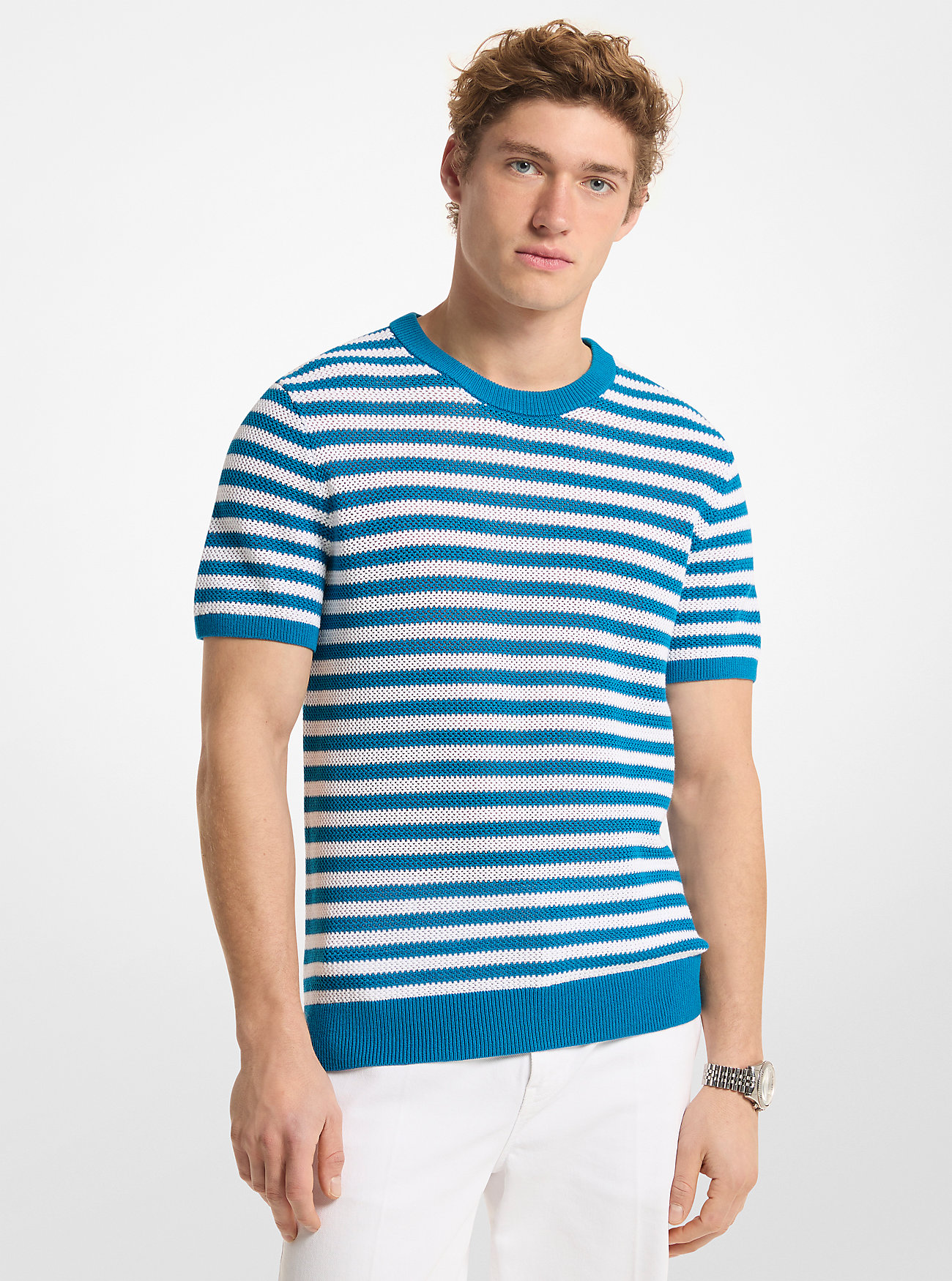 MK Striped Mesh Cotton Short-Sleeve Jumper -