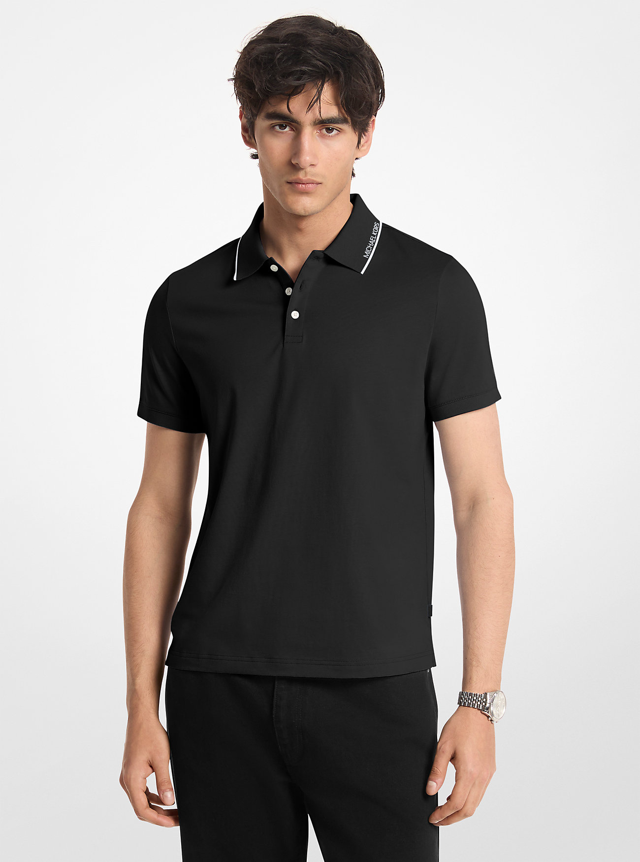 MK Logo Trim Cotton Jersey Polo Shirt -