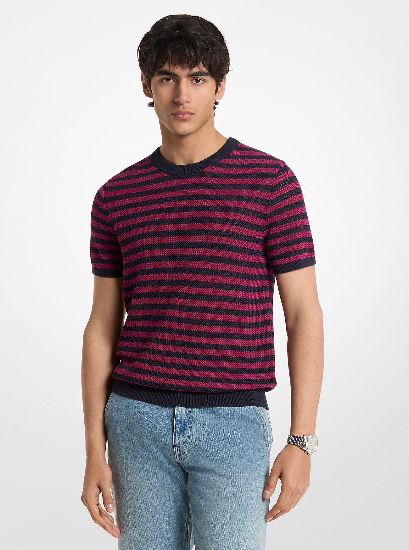 MK Striped Mesh Cotton Short-Sleeve Jumper - Red