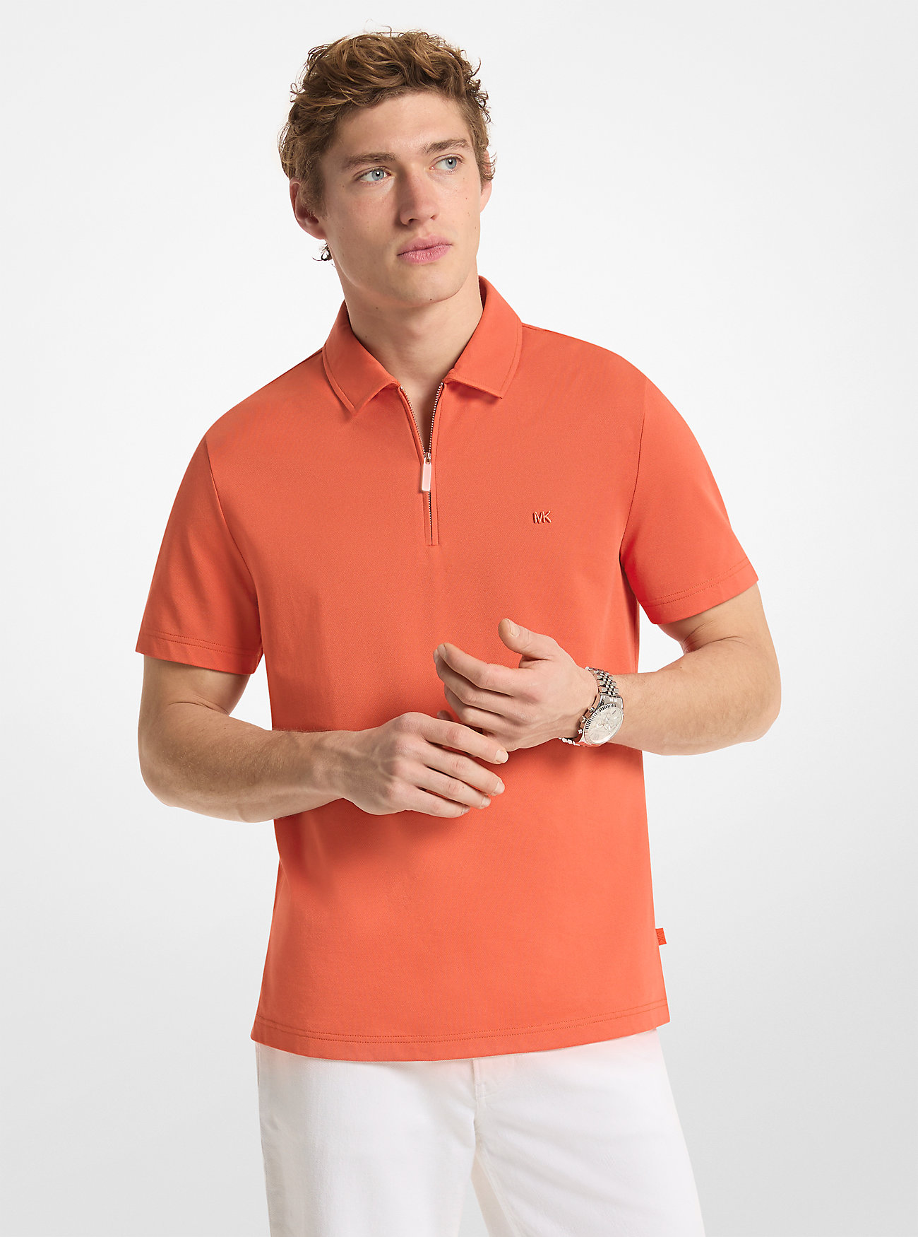 MK Cotton Blend Piqué Zip-Up Polo Shirt - Orange by Michael Kors Mens