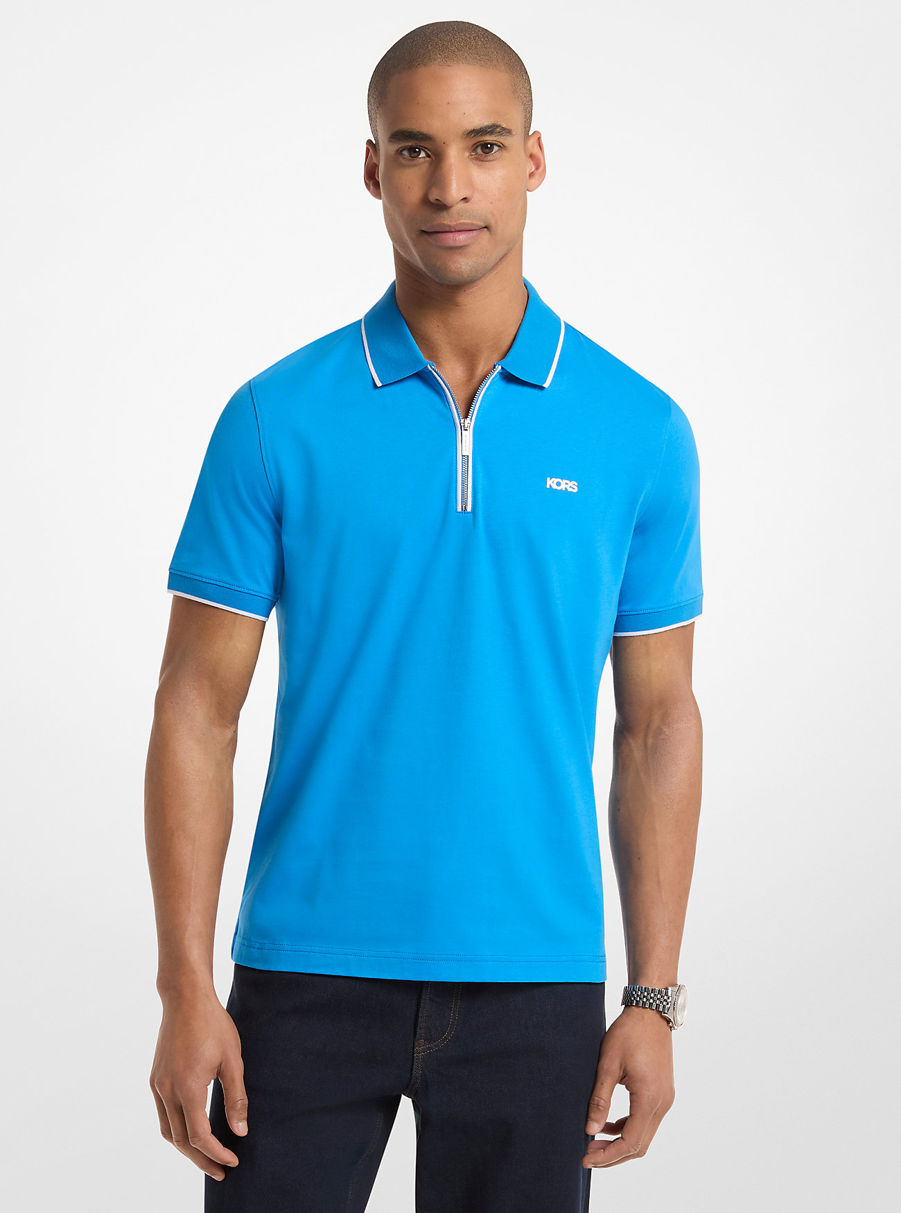 MK Cotton Jersey Zip-Up Polo Shirt - Blue