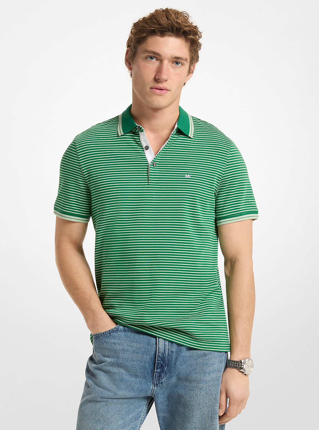 MK Greenwich Striped Cotton Polo Shirt - Green by Michael Kors Outlet