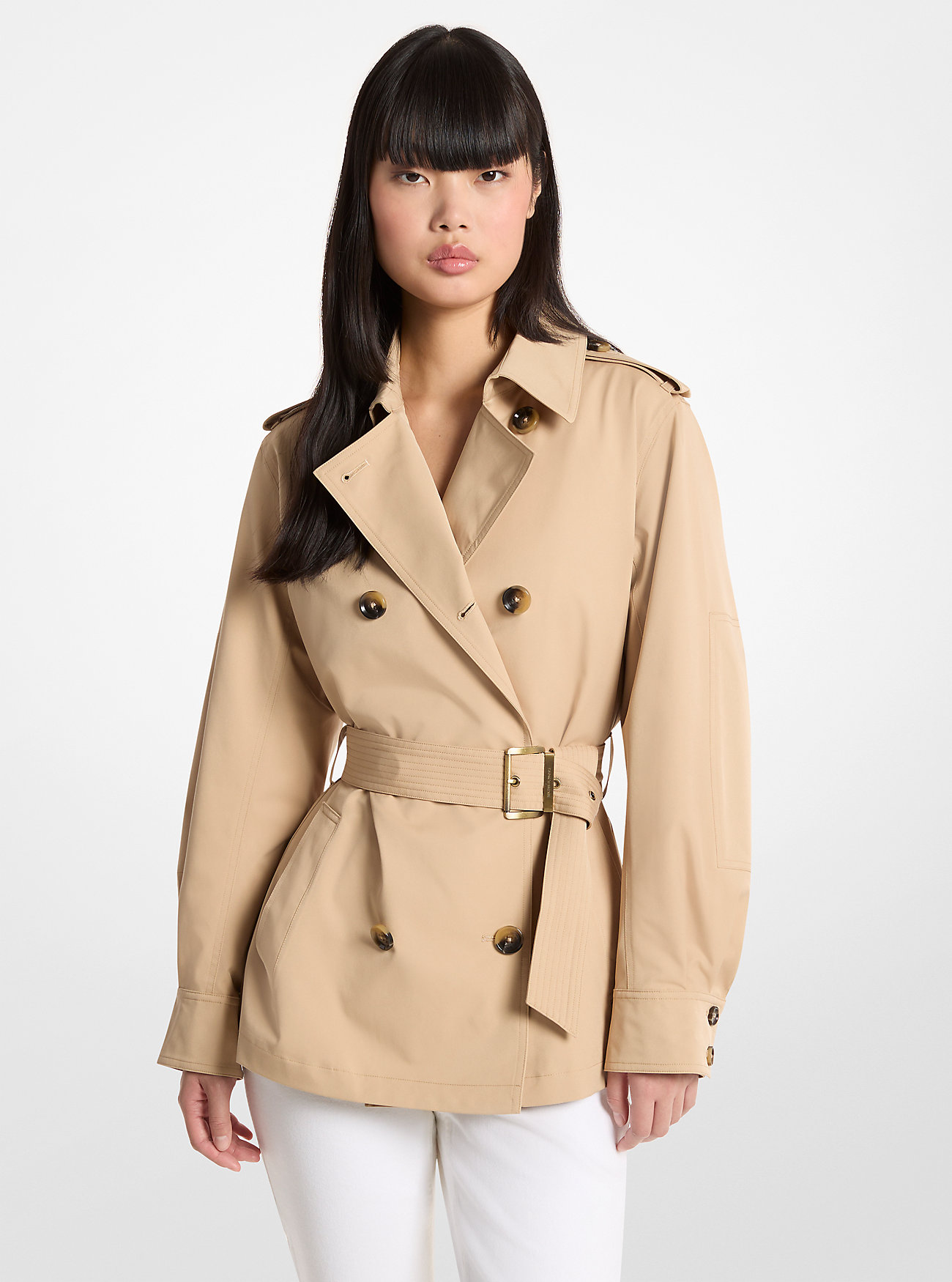 MK Cropped Woven Belted Trench Coat -