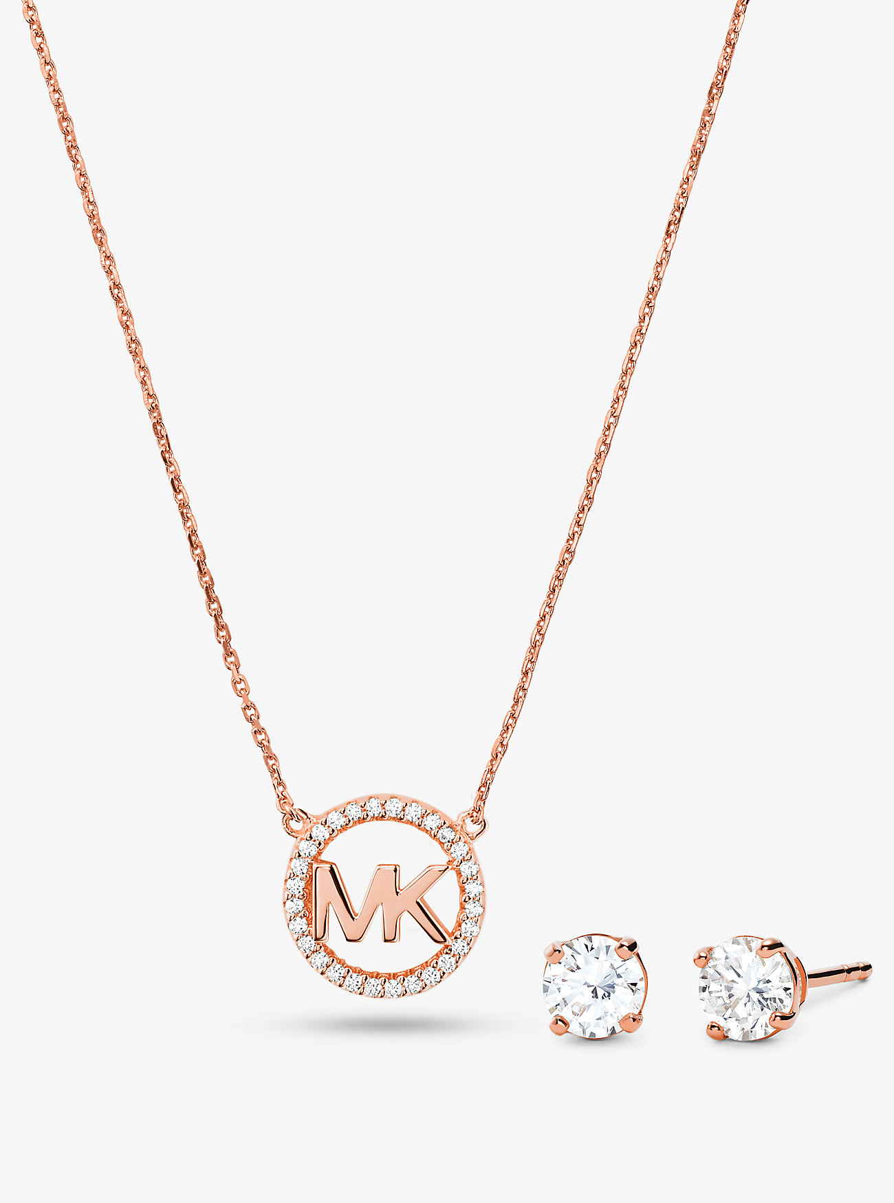 MK 14K Rose Gold-Plated Sterling Silver Pavé Logo Charm Necklace and Stud Earrings Set - by Michael Kors