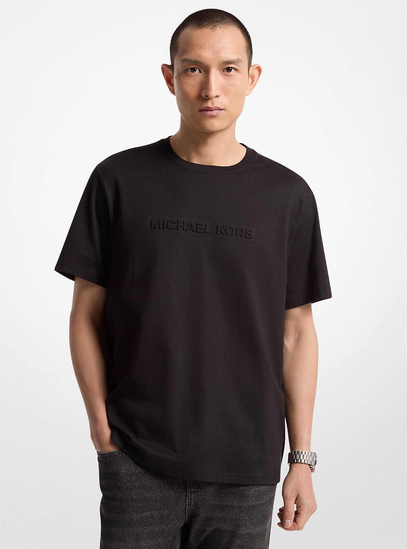 MK Logo Embossed Cotton T-Shirt -