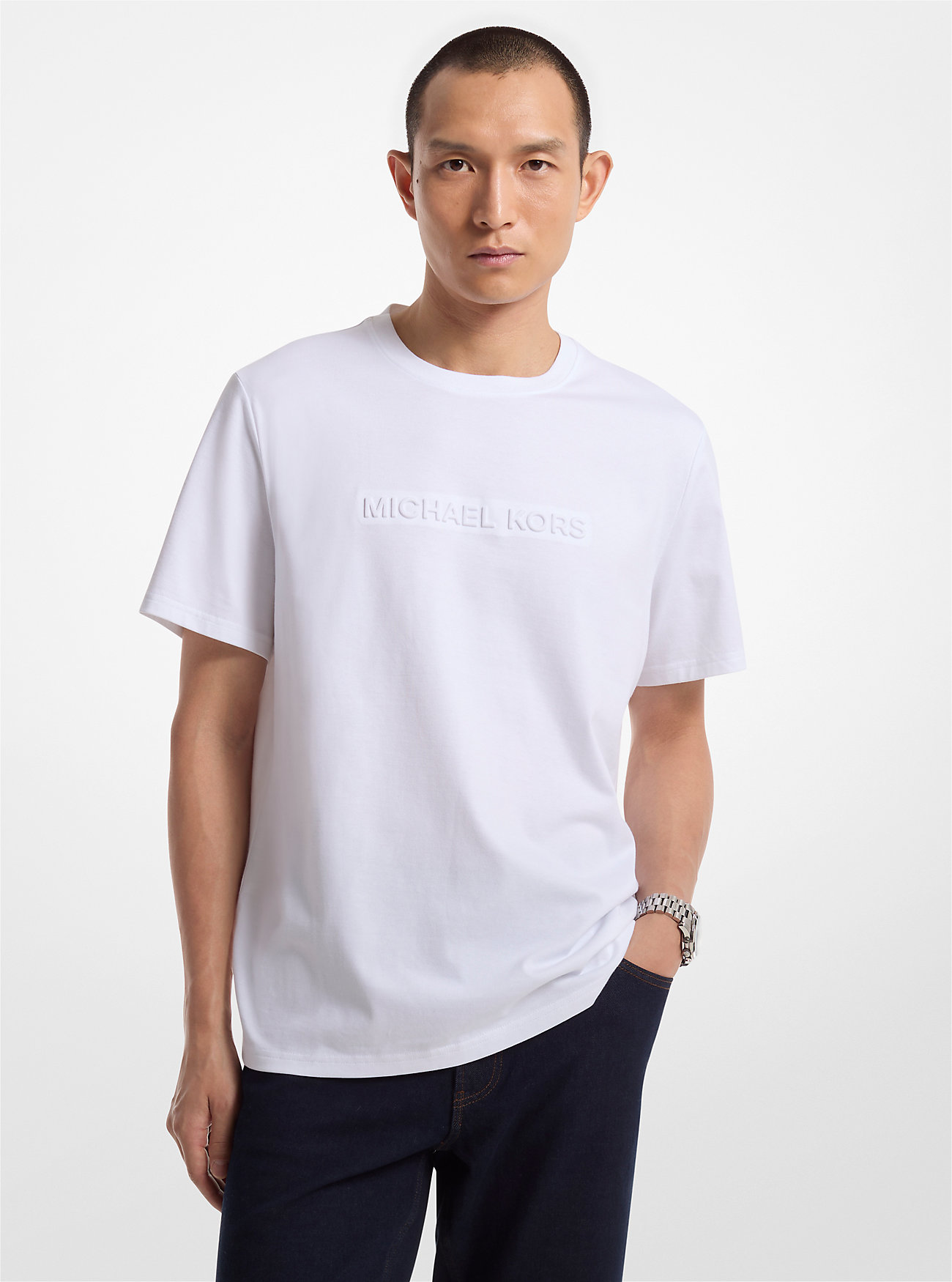 MK Logo Embossed Cotton T-Shirt -