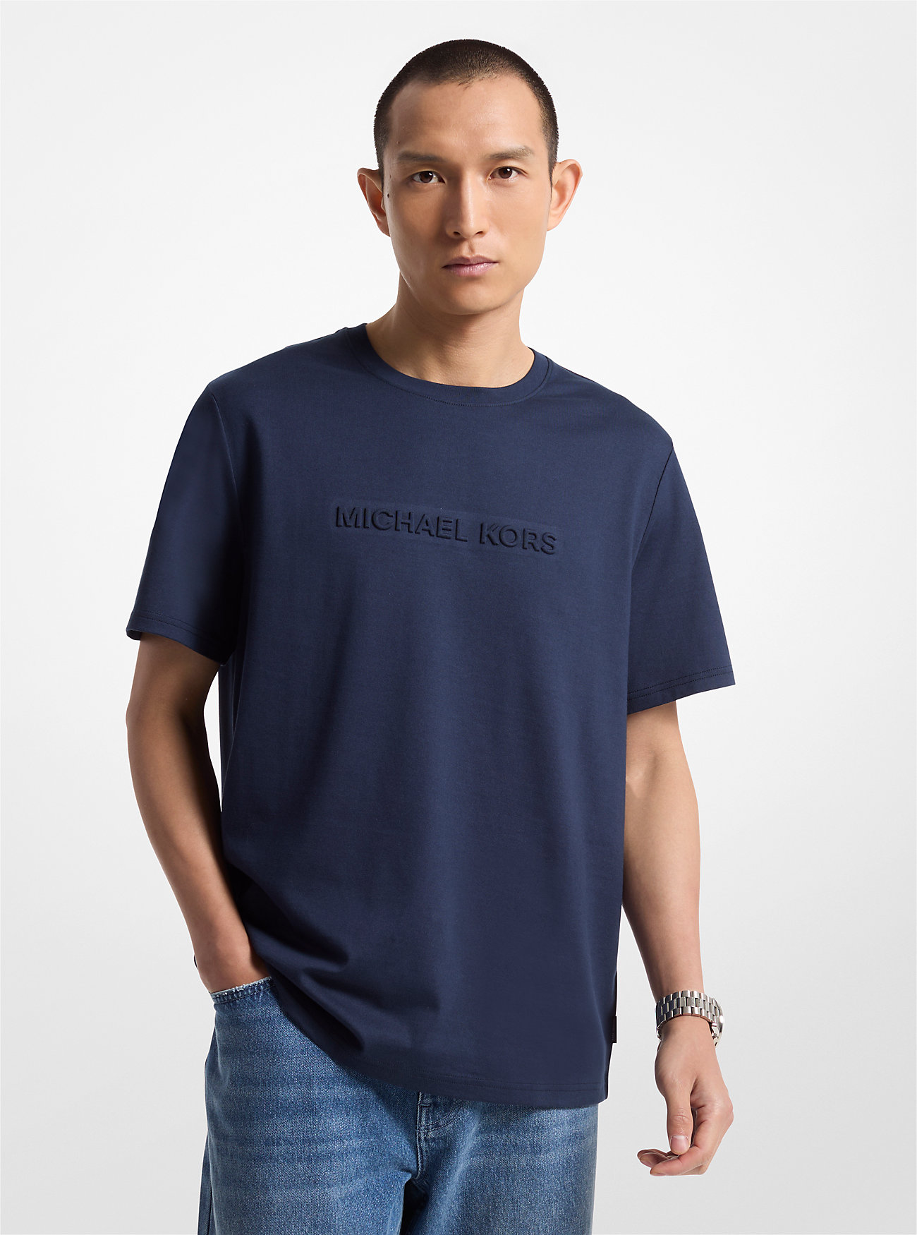 MK Logo Embossed Cotton T-Shirt -