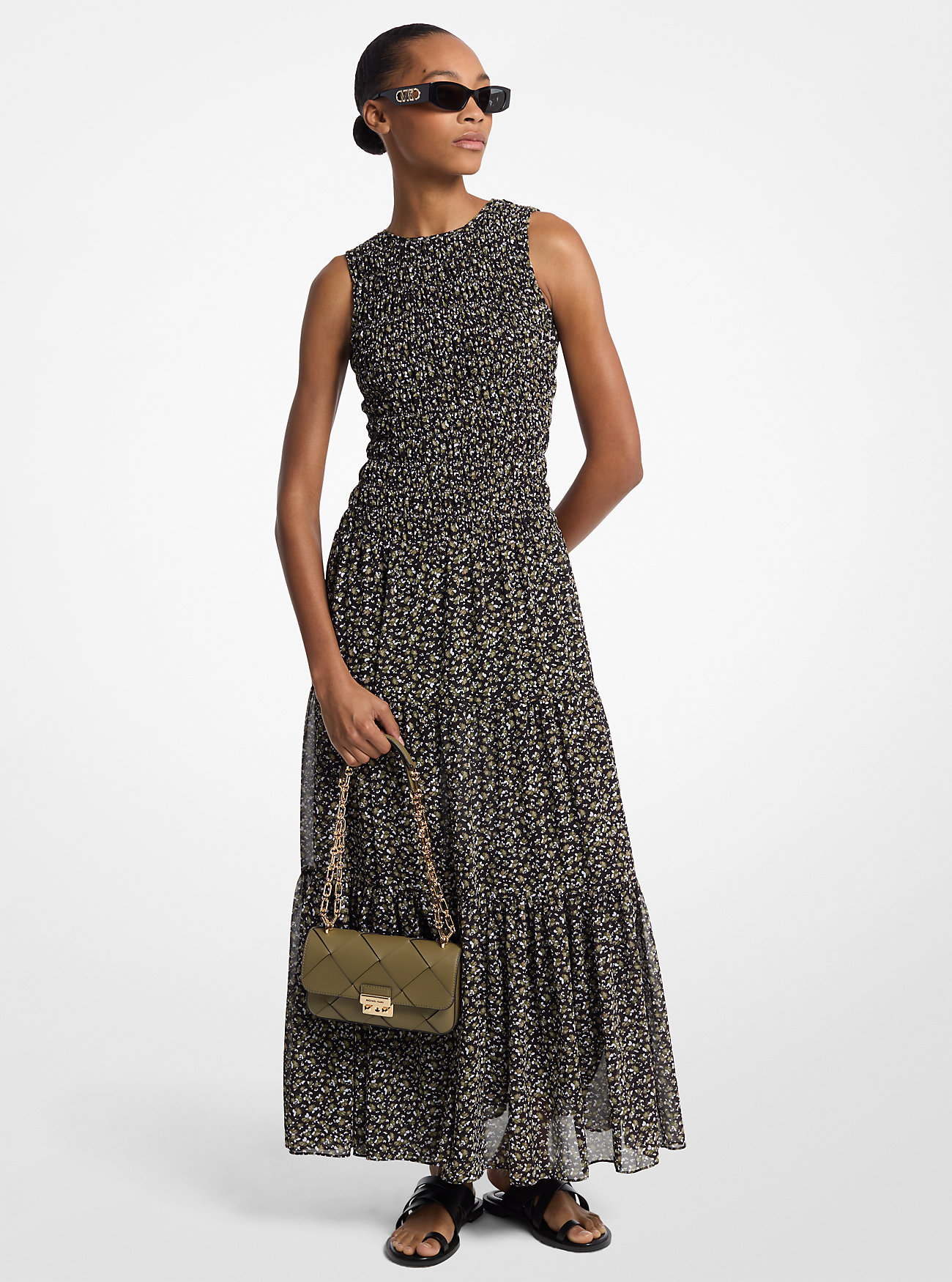 MK Floral Print Smocked Georgette Maxi Dress -