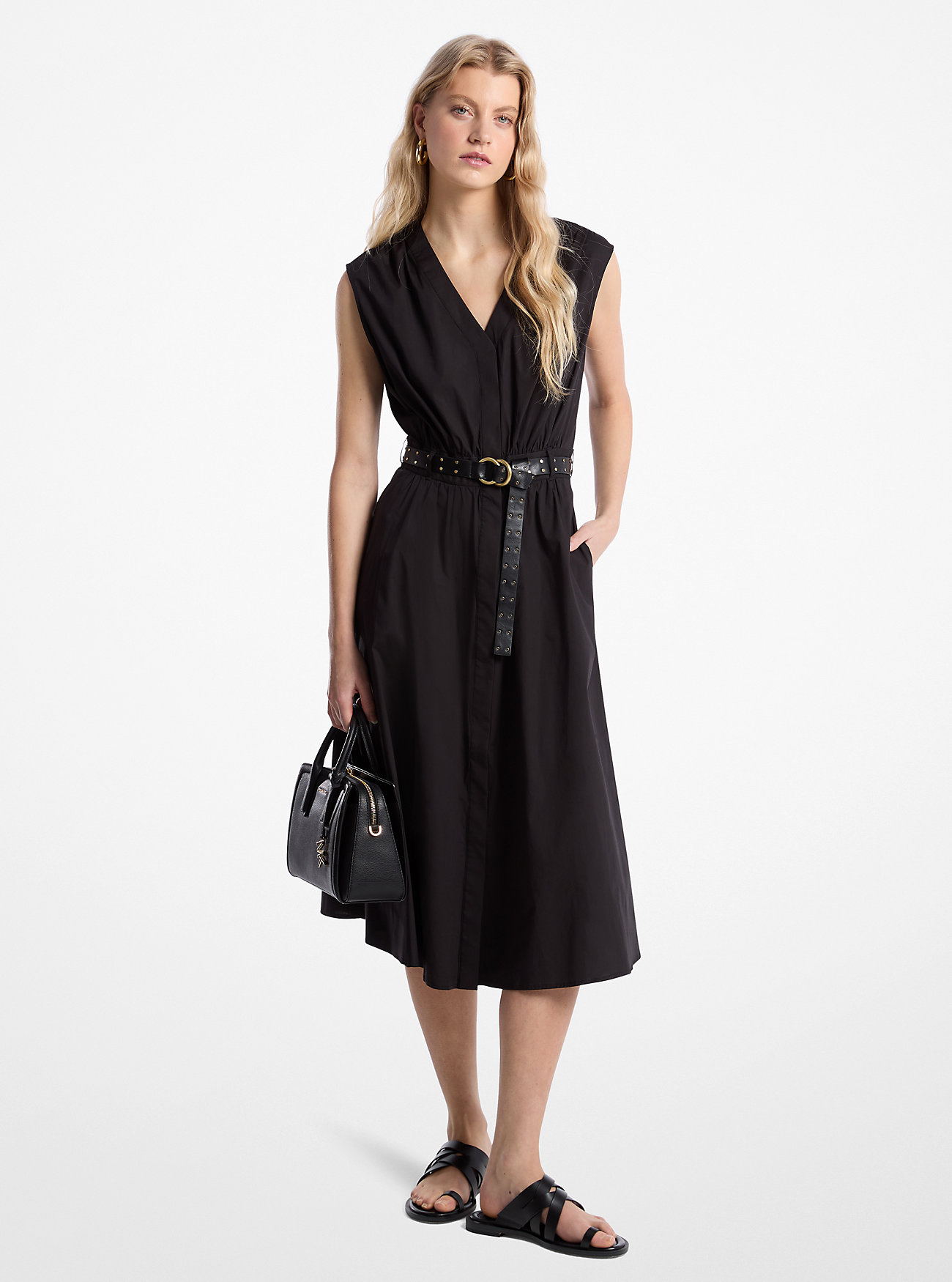 MK Stretch Cotton Poplin Belted Midi Dress -