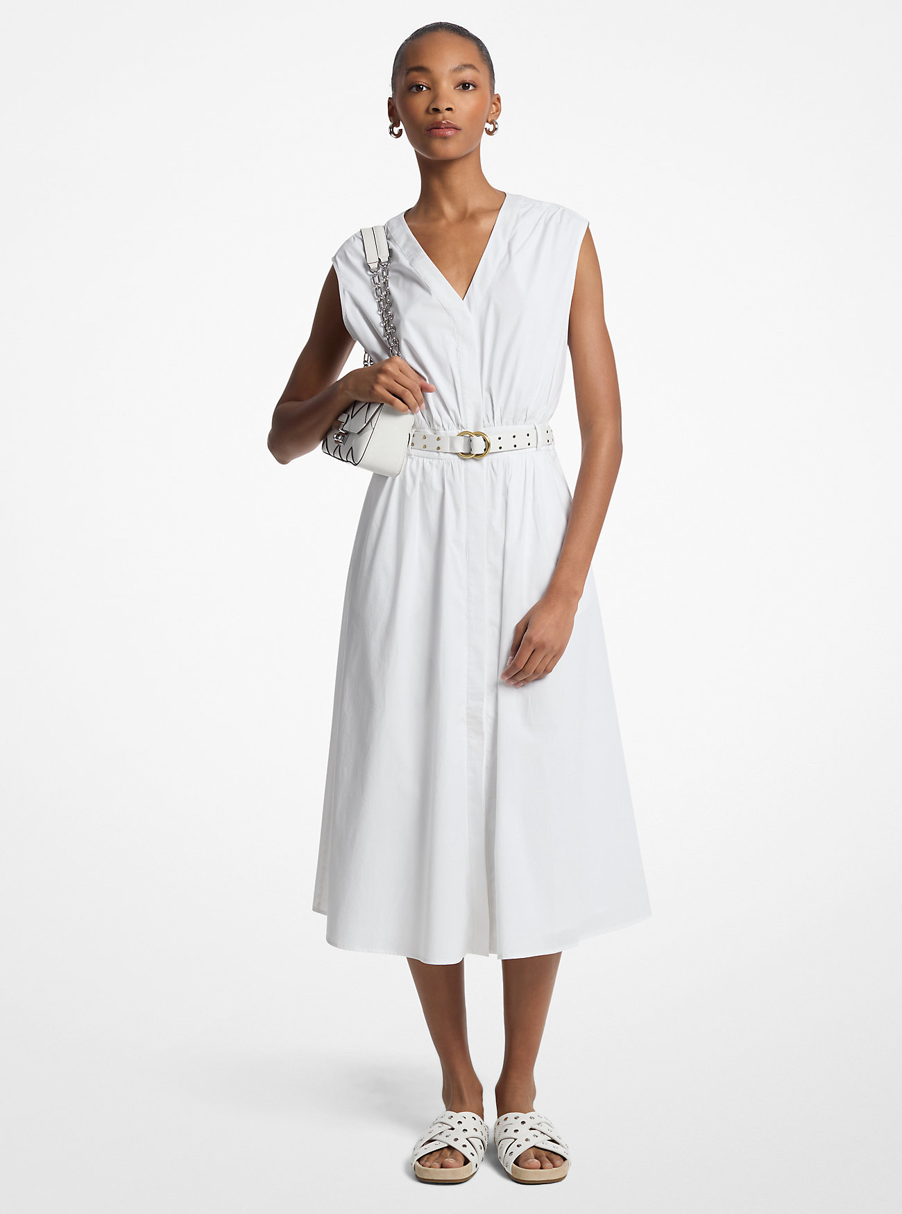MK Stretch Cotton Poplin Belted Midi Dress -