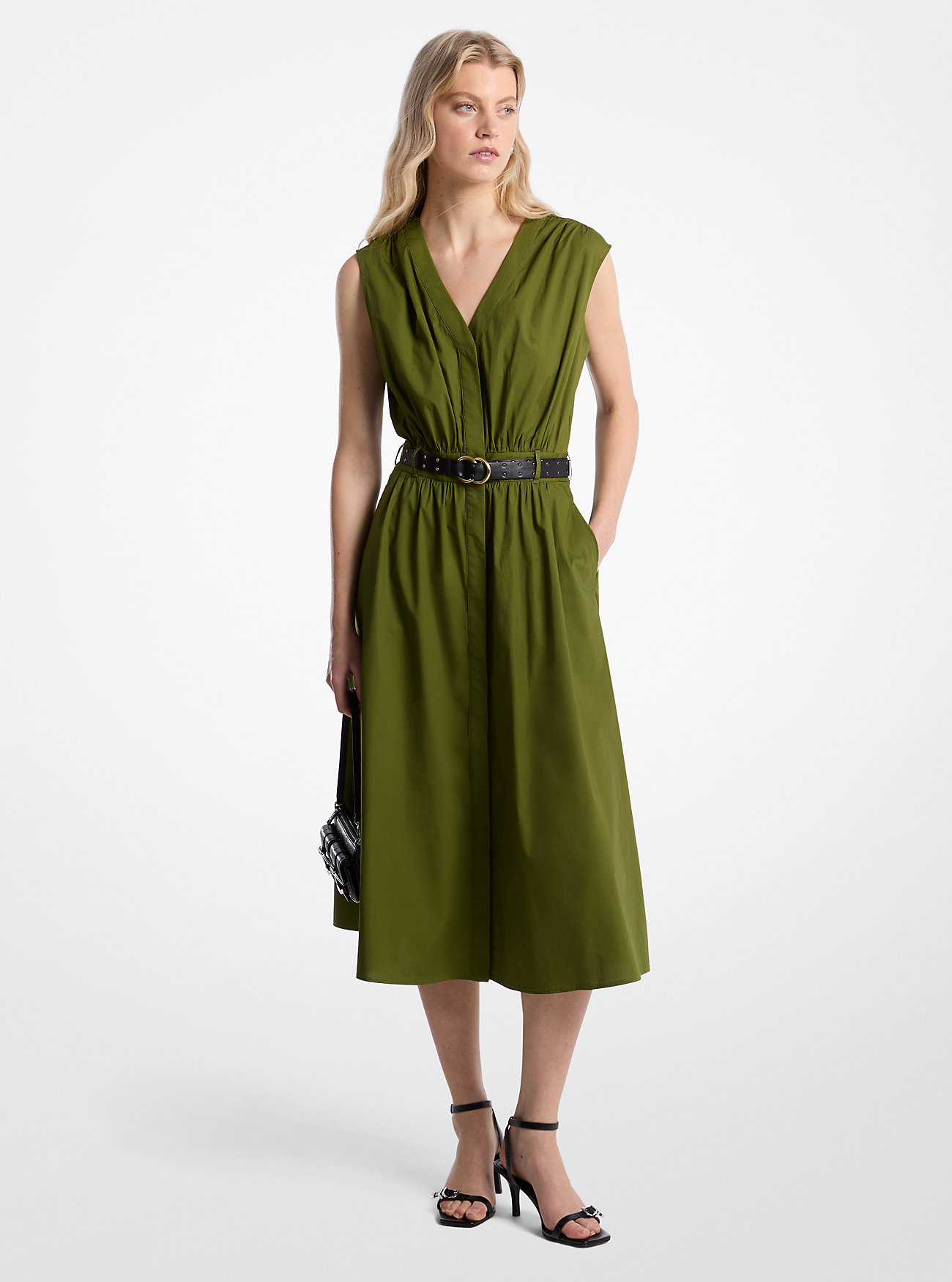 MK Stretch Cotton Poplin Belted Midi Dress -