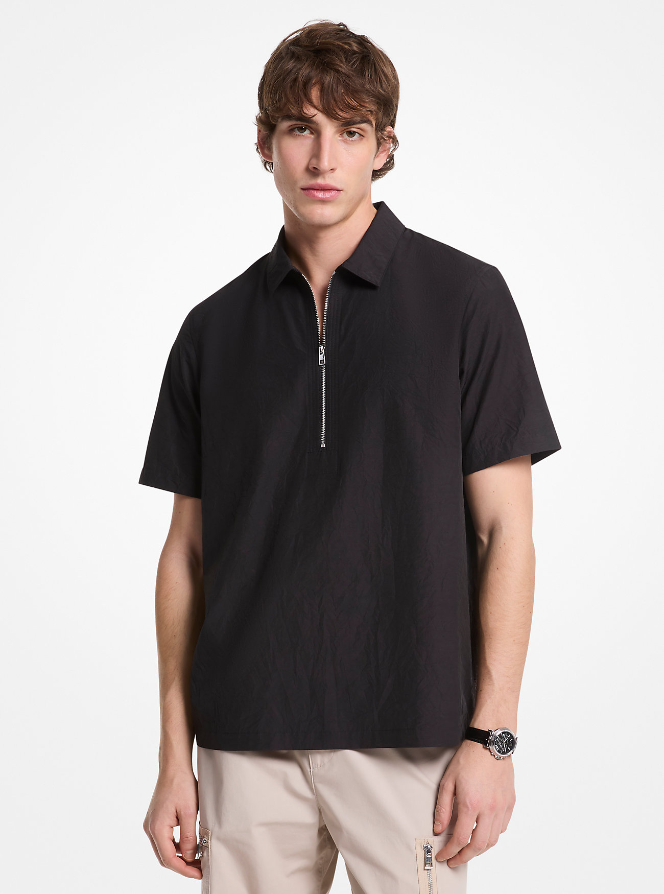 MK Crinkled Cotton Blend Half-Zip Shirt - by Michael Kors Mens