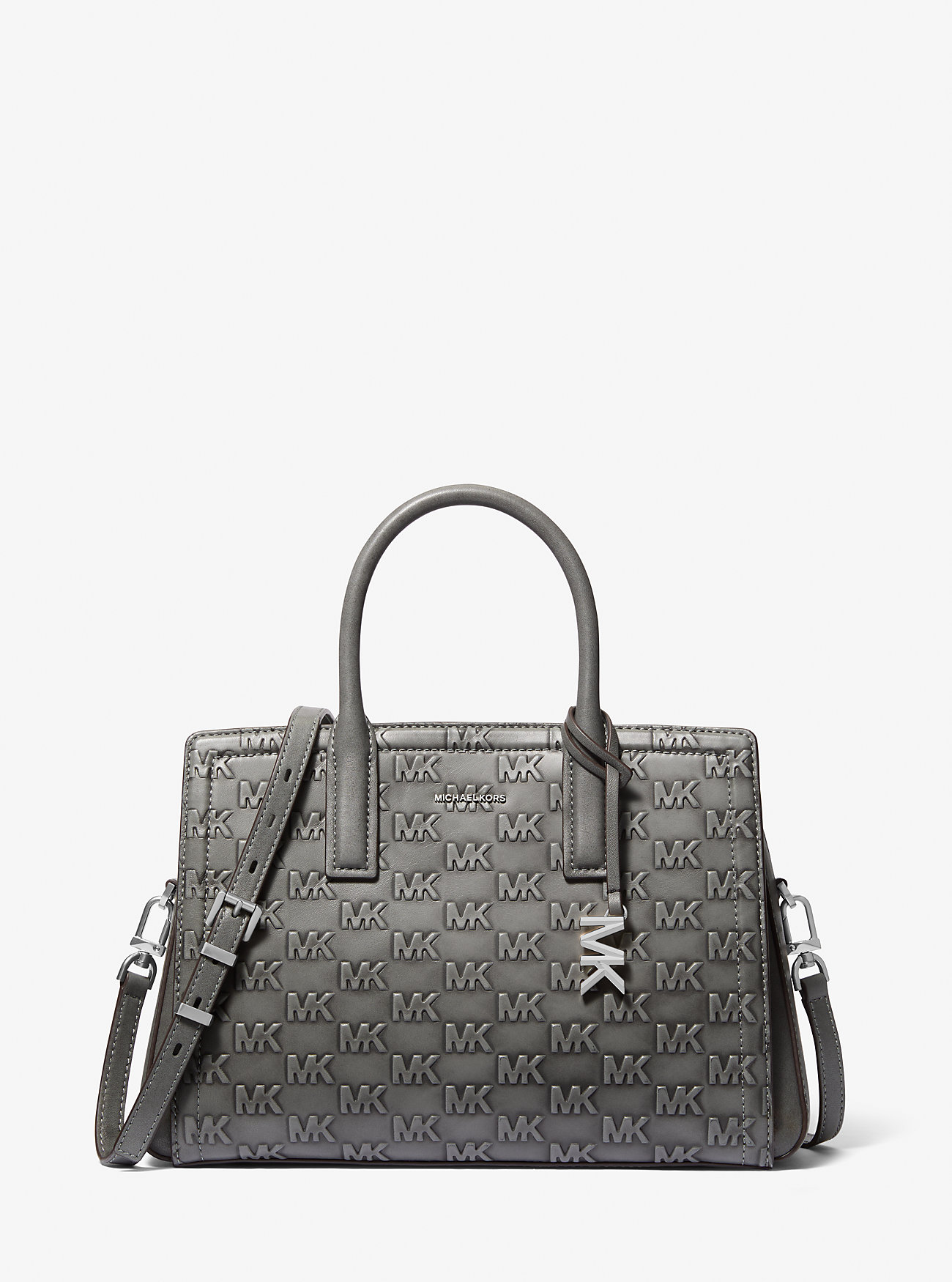 MK Laila Medium Logo Embossed Burnished Leather Satchel -
