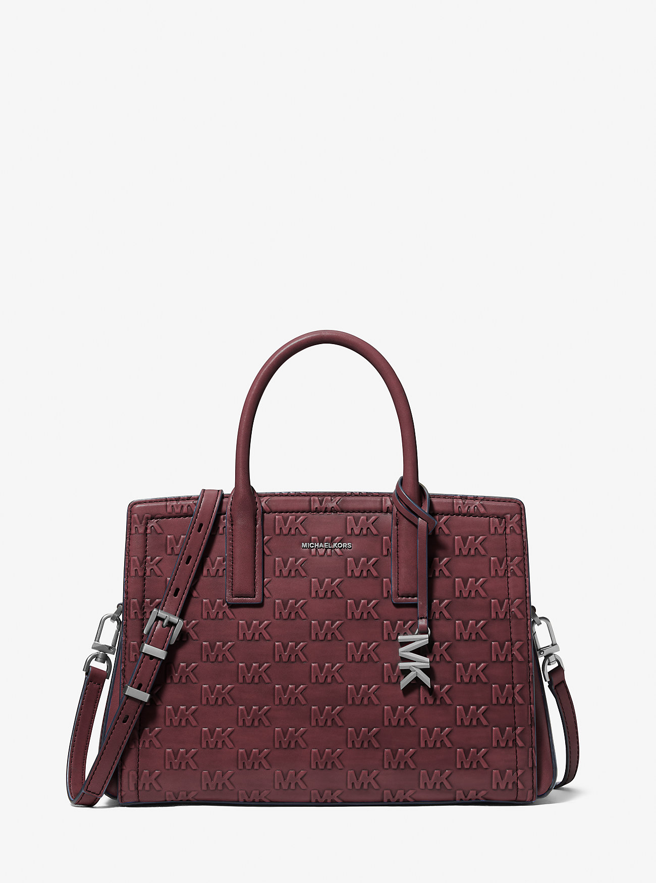 MK Laila Medium Logo Embossed Burnished Leather Satchel -