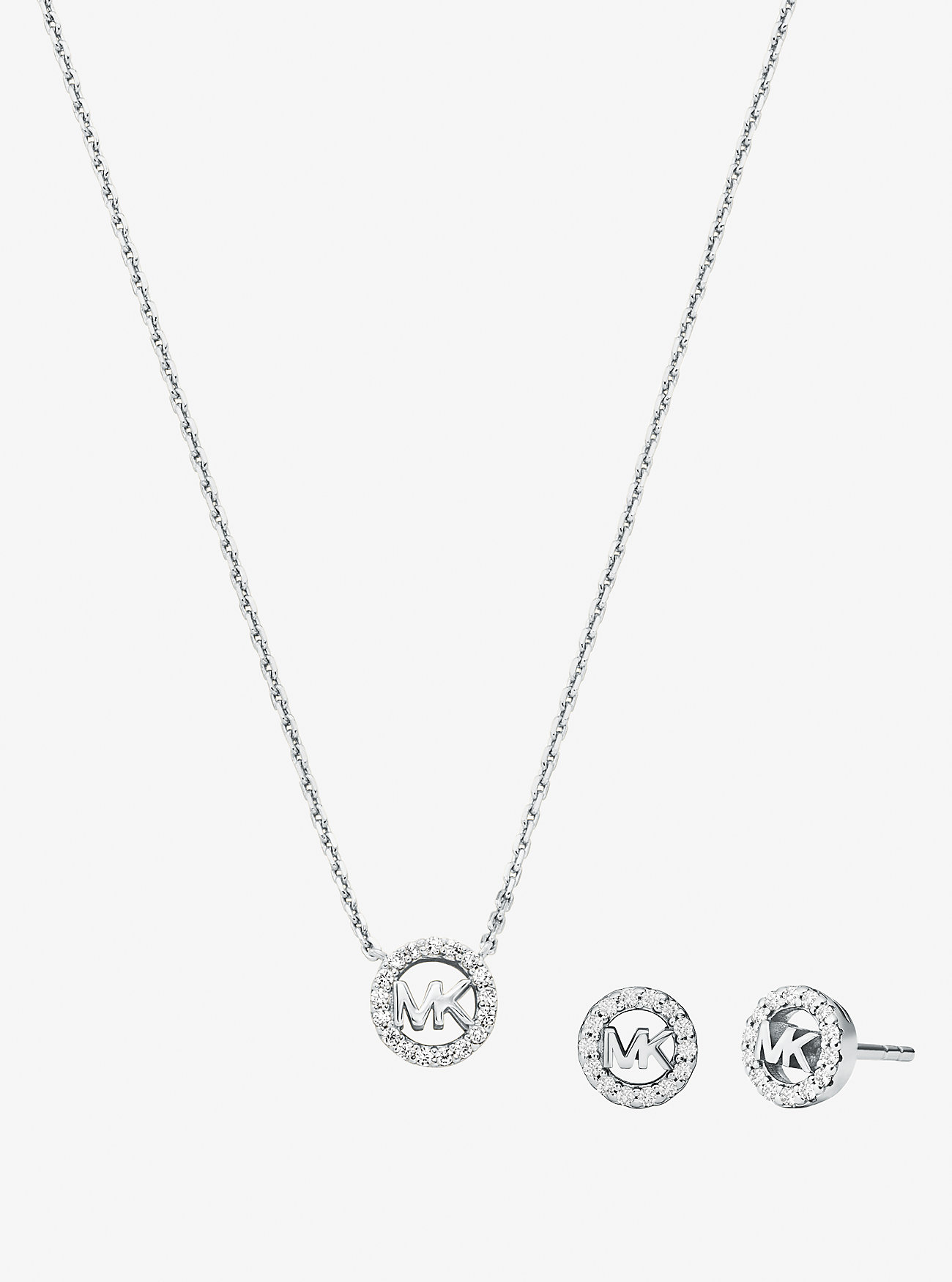 MK Fulton Precious-Metal Plated Sterling Silver Pavé Logo Charm Necklace and Earrings Gift Set -