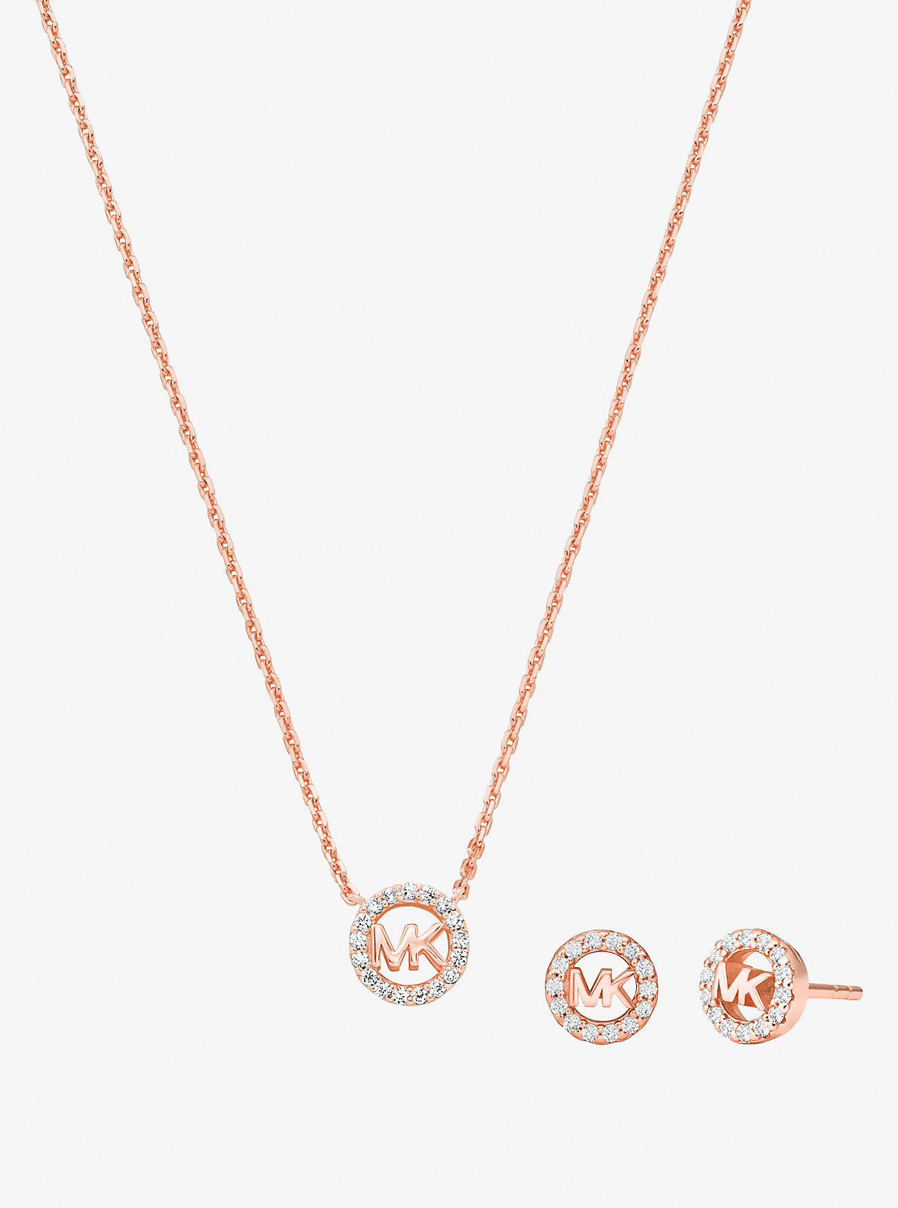 MK Fulton Precious-Metal Plated Sterling Silver Pavé Logo Charm Necklace and Earrings Gift Set -