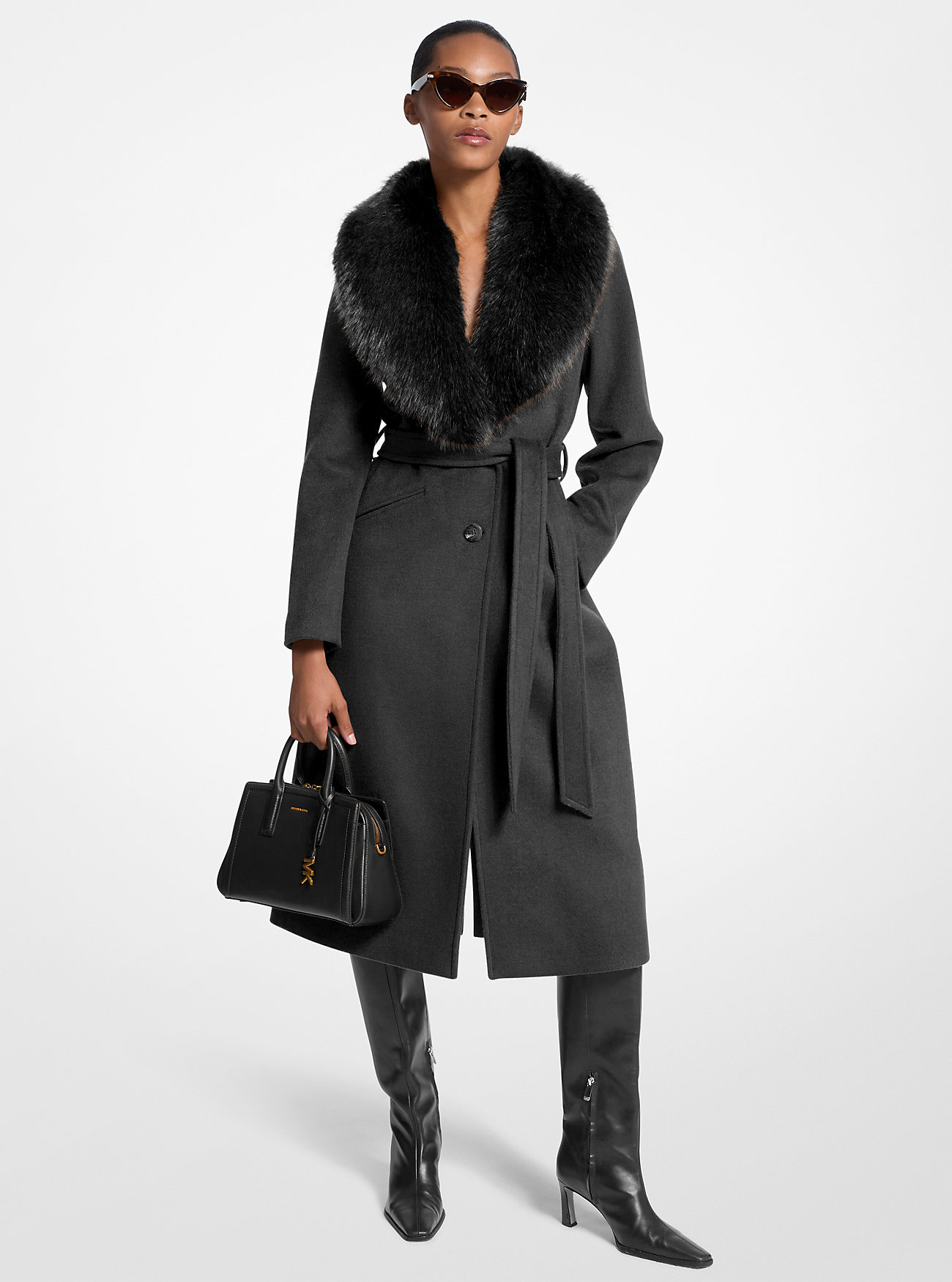 MK Faux Fur Trim Wool Blend Coat -