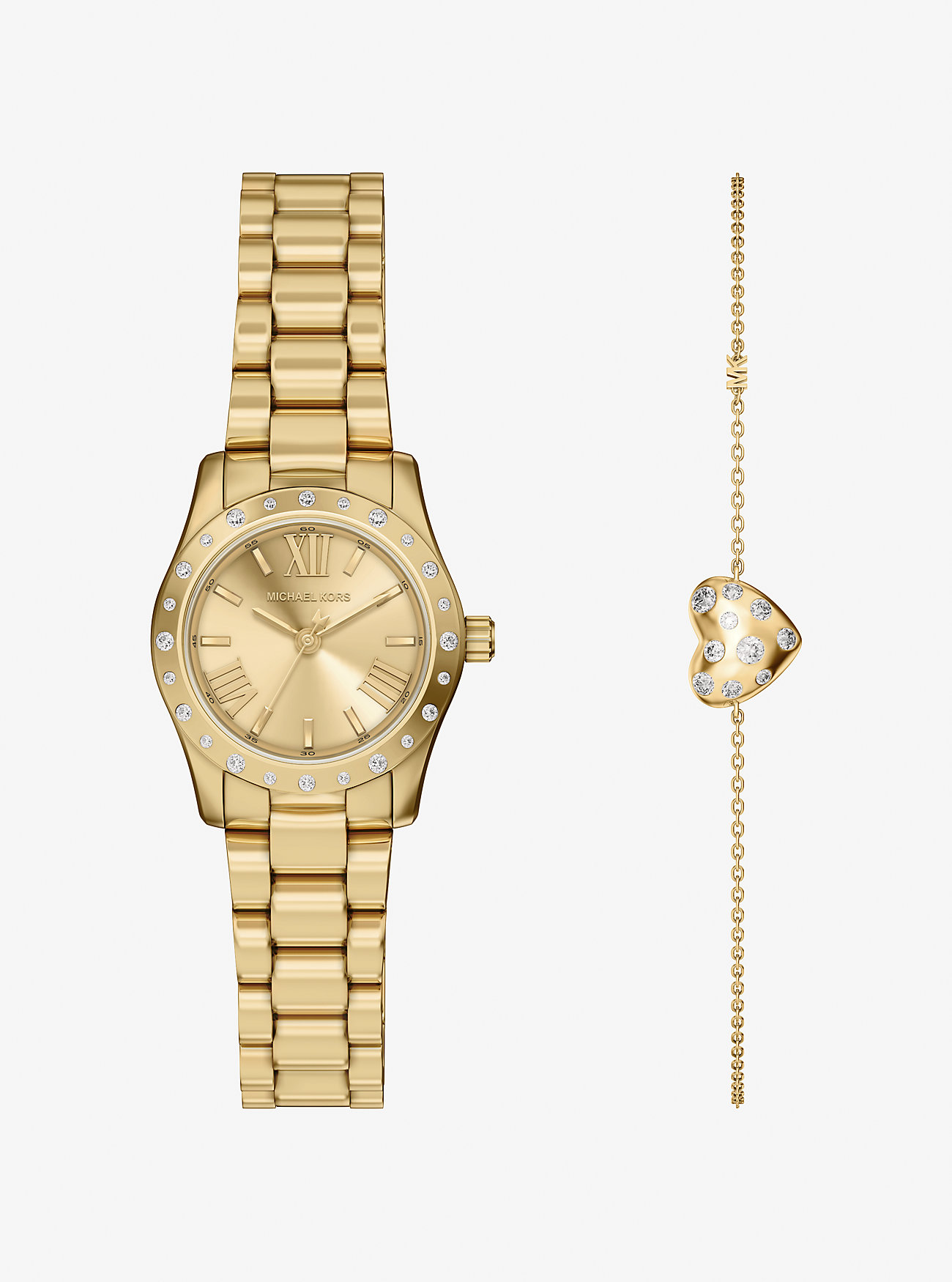 MK Petite Lexington Pavé Gold Watch and Heart Bracelet Gift Set -