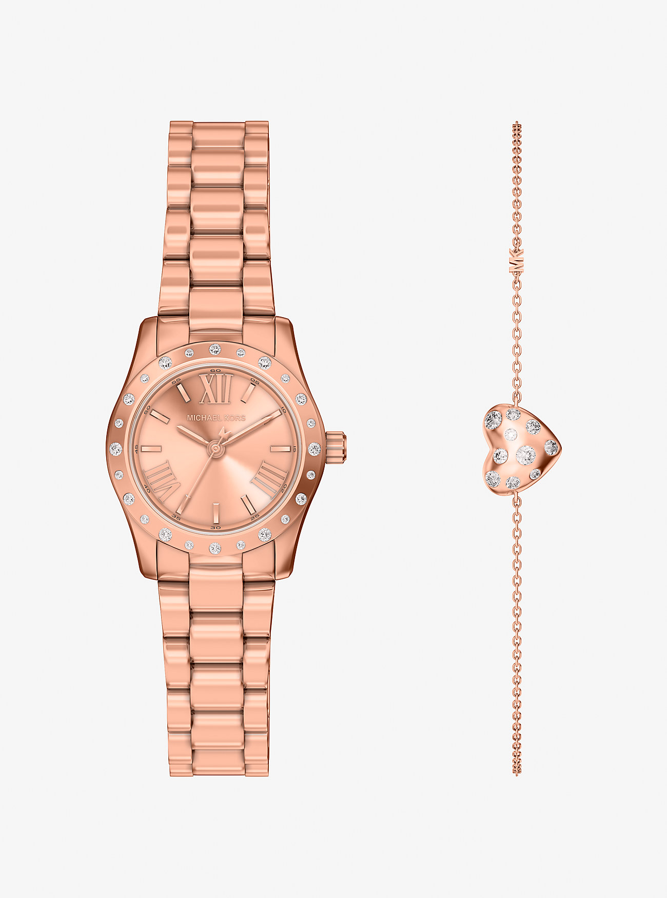MK Petite Lexington Pavé Rose Gold-Tone Watch and Heart Bracelet Gift Set -