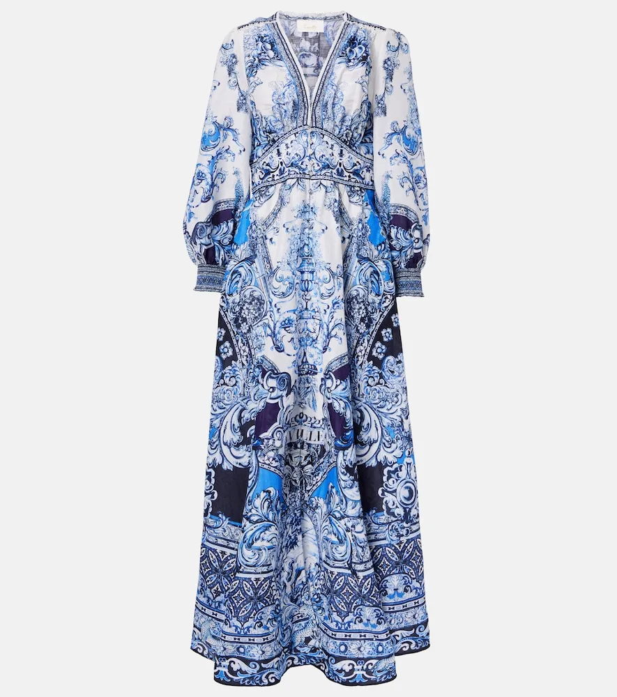 Robe Longue Imprimée En Lin Et Soie