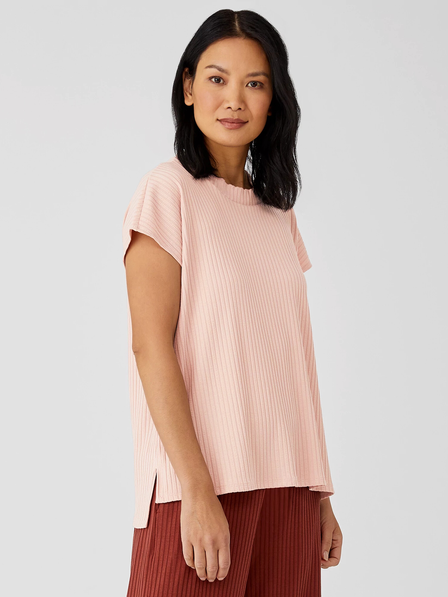 Textured Stretch Rib Crew Neck Top