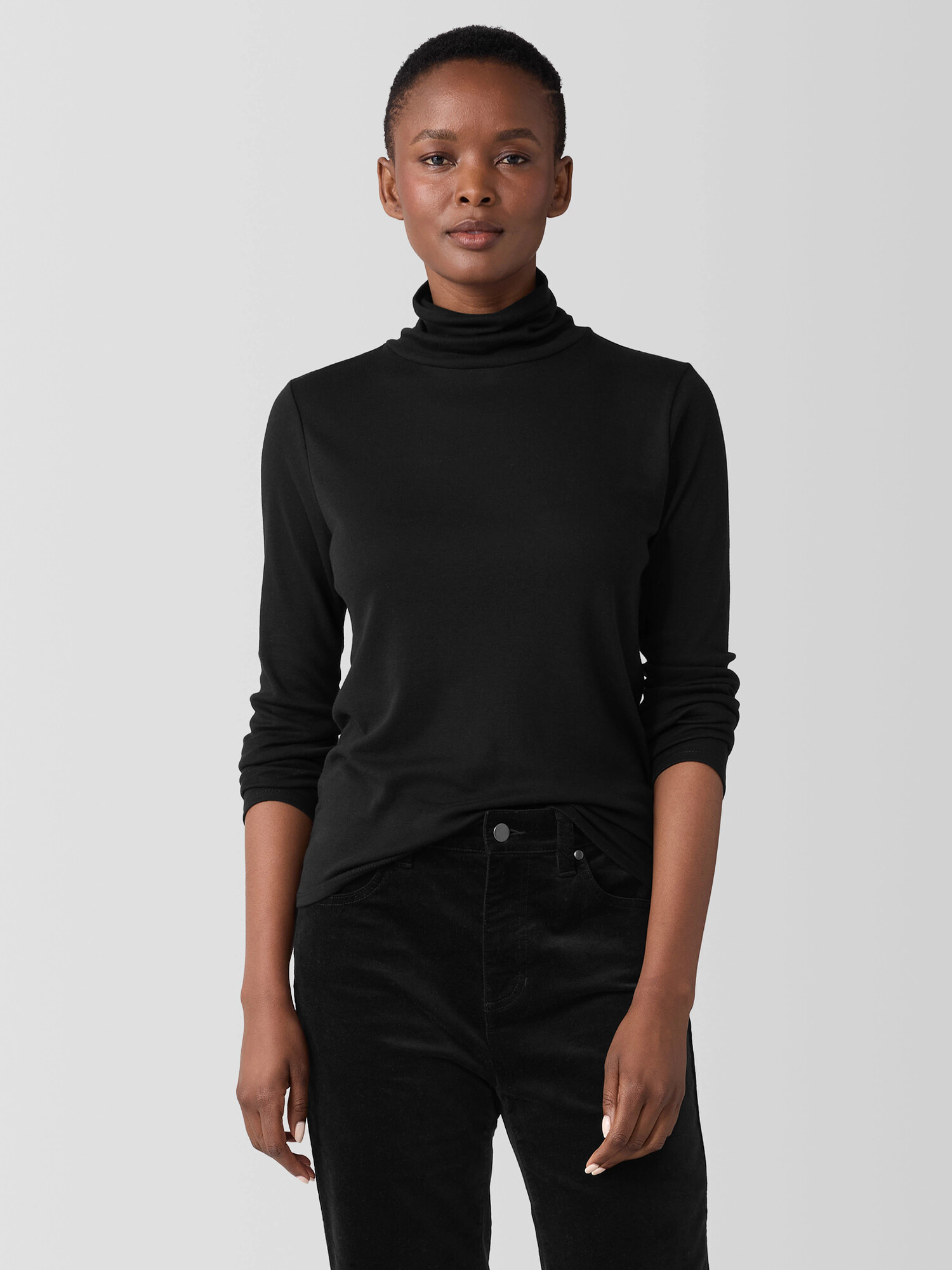 Ribbed Pima Cotton Blend Turtleneck Top