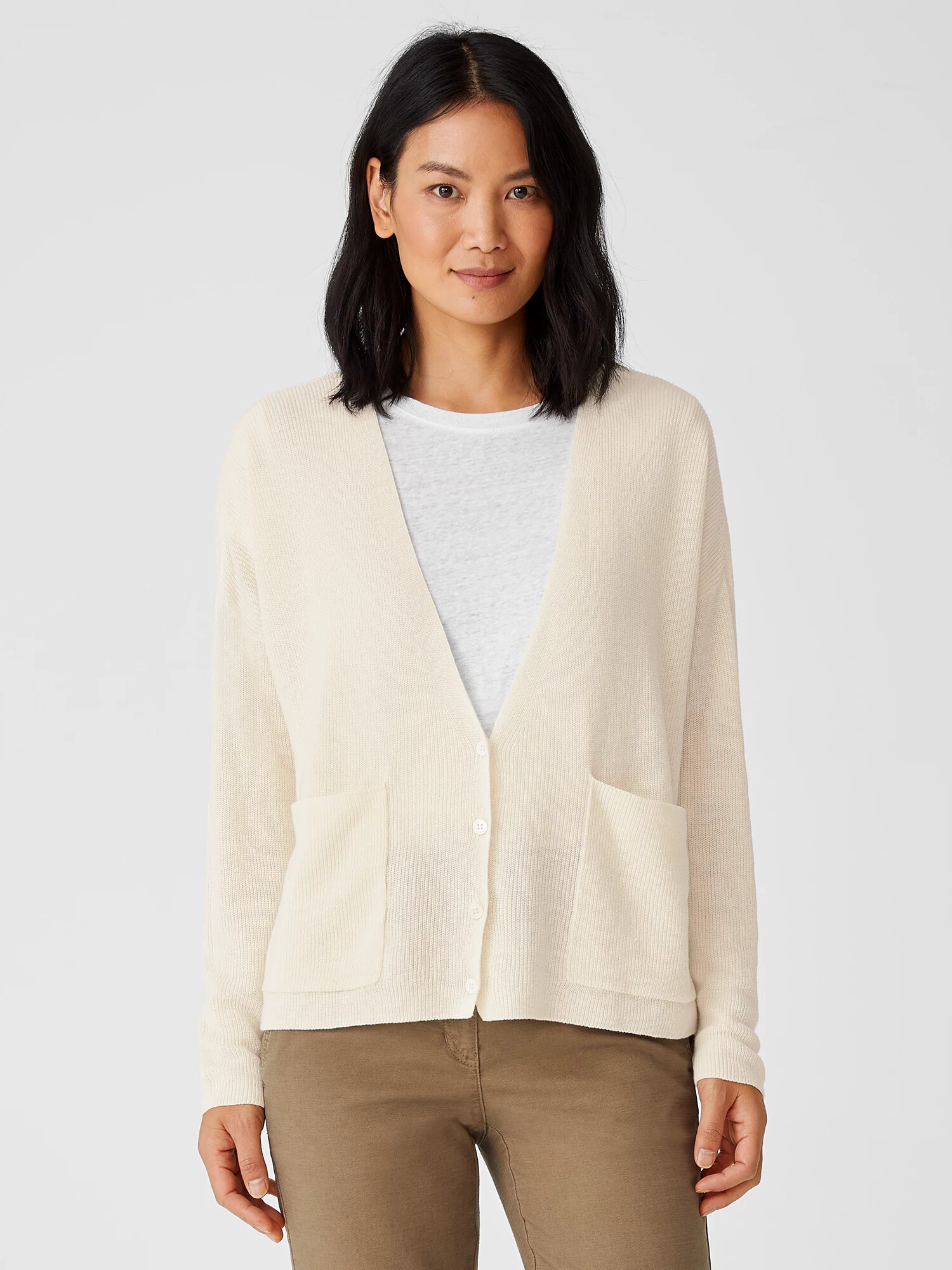 Organic Cotton Linen V-Neck Cardigan by EILEEN FISHER