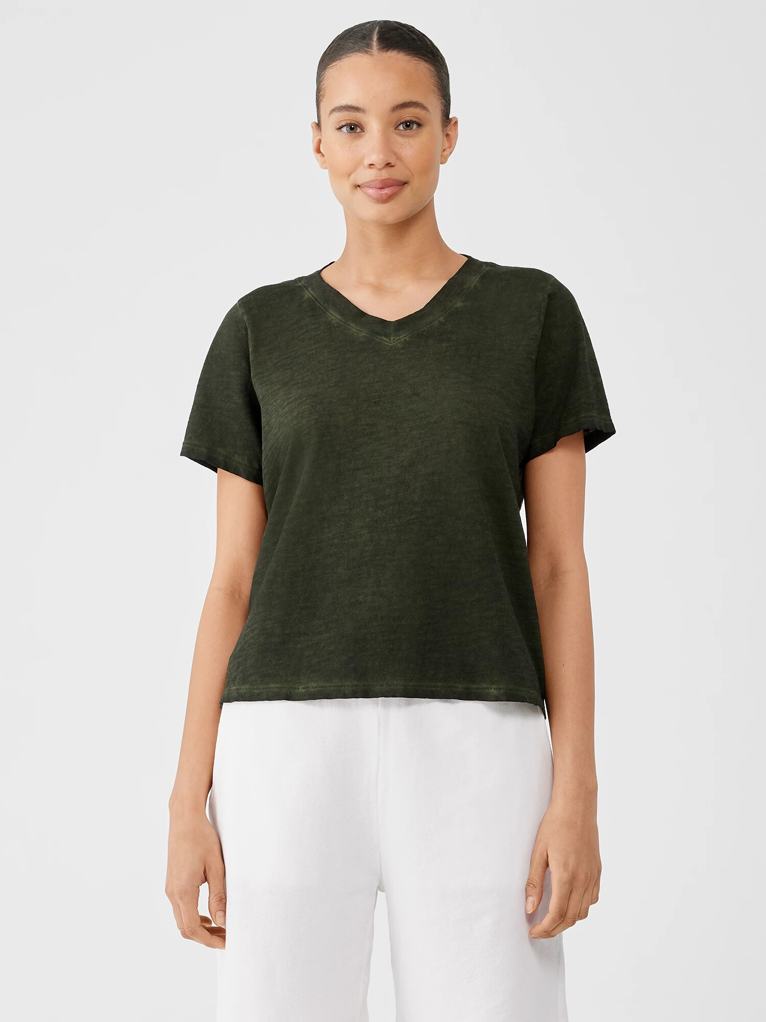 Organic Cotton Hazy Slub V-Neck Tee by EILEEN FISHER
