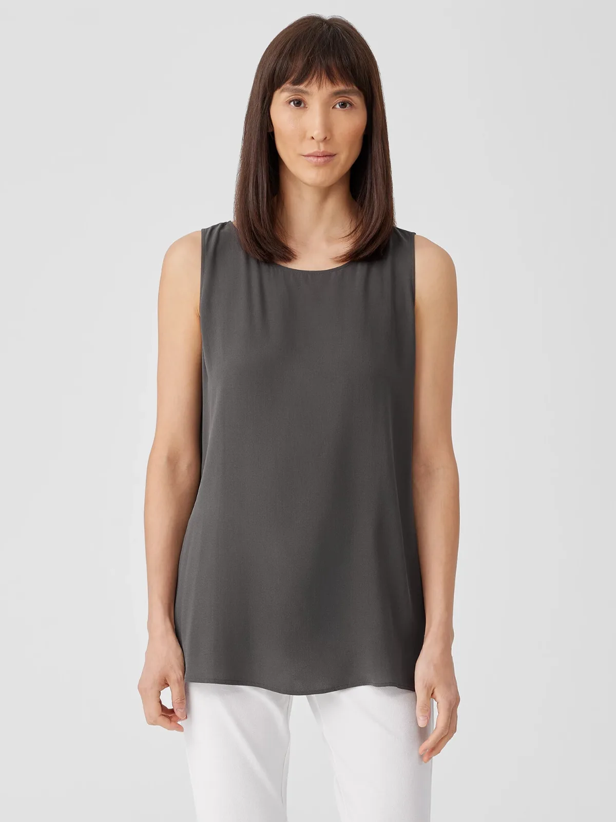 Silk Georgette Crepe Ballet Neck Long Tank by EILEEN FISHER