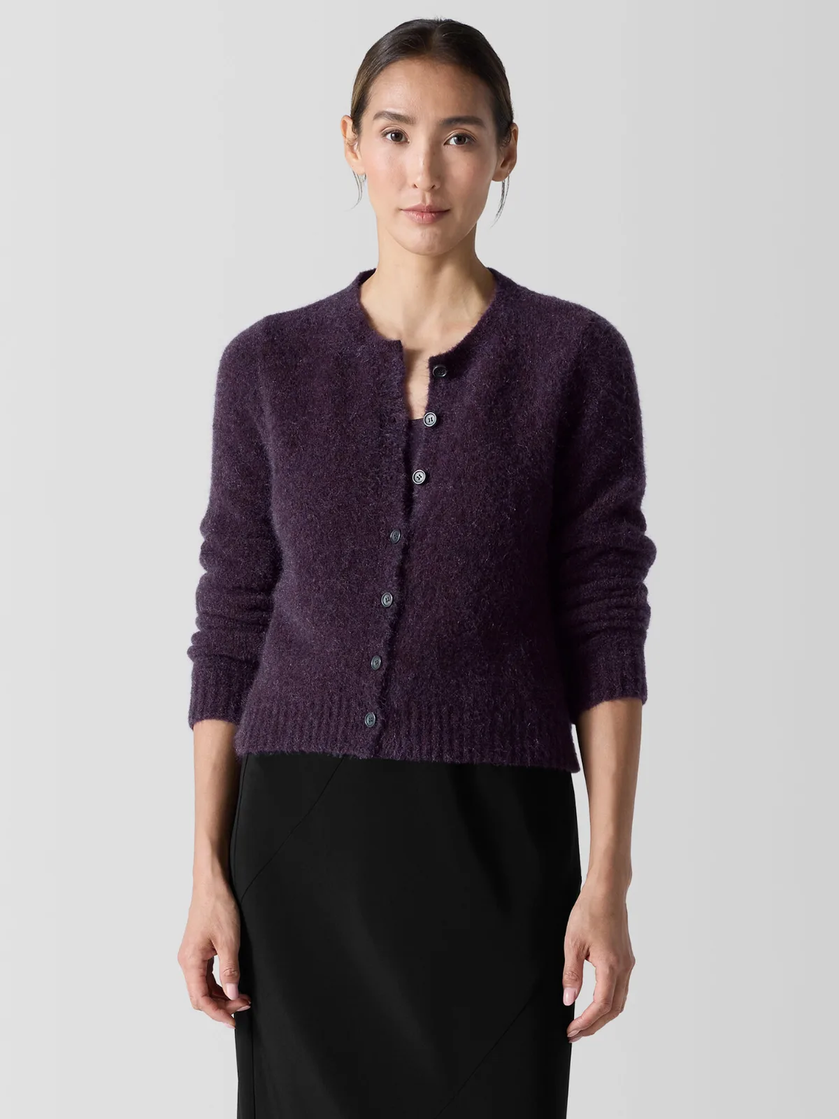 Mohair Plush Melange Crew Neck Cardigan by EILEEN FISHER