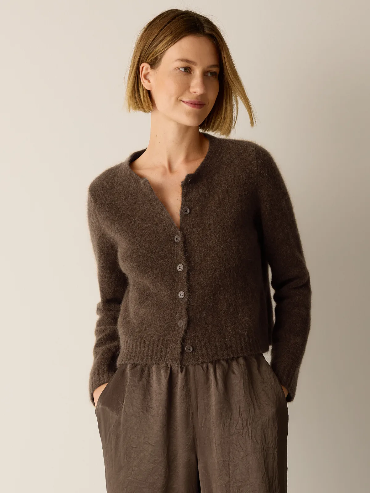 Mohair Plush Melange Crew Neck Cardigan