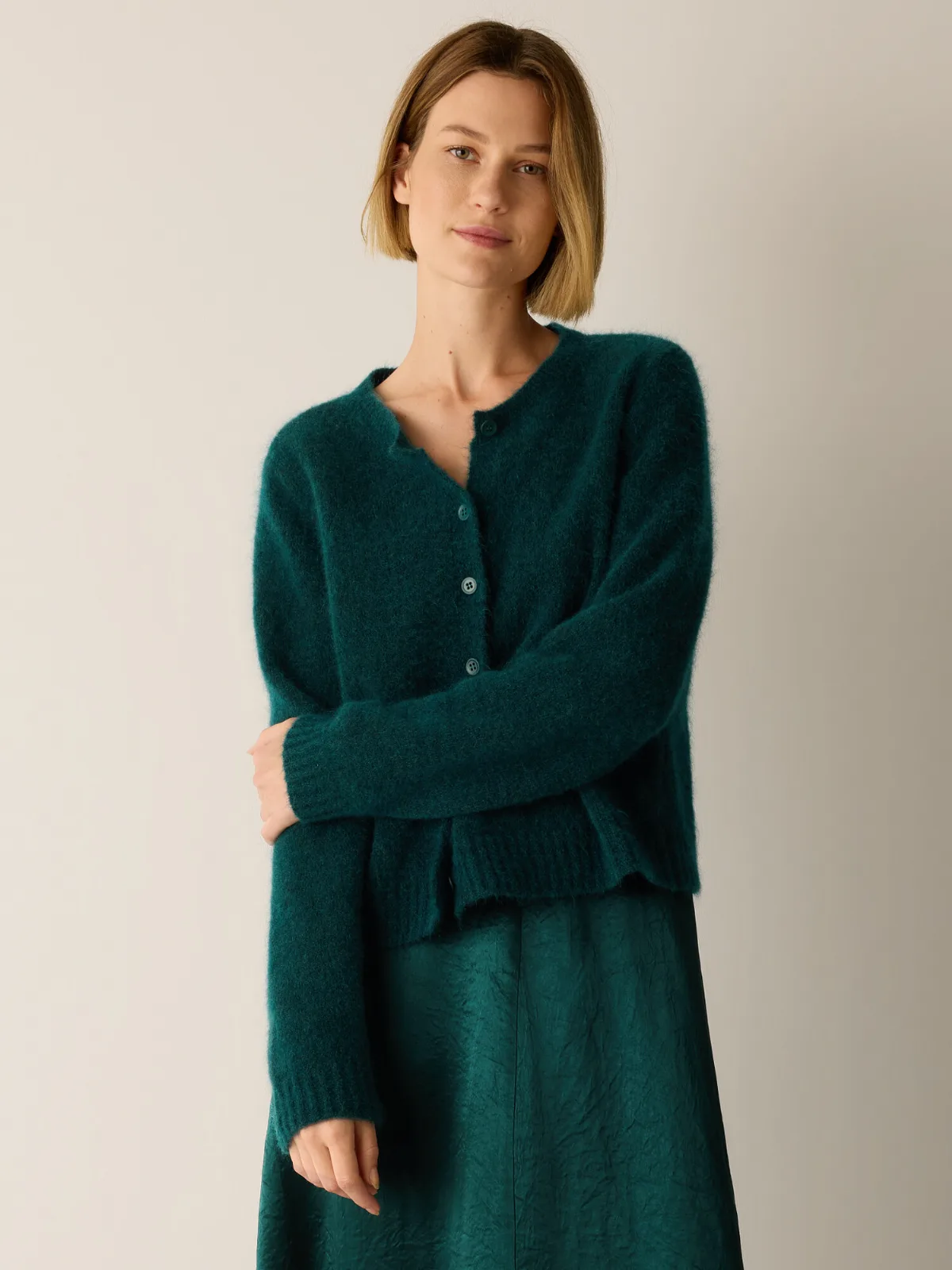 Mohair Plush Melange Crew Neck Cardigan