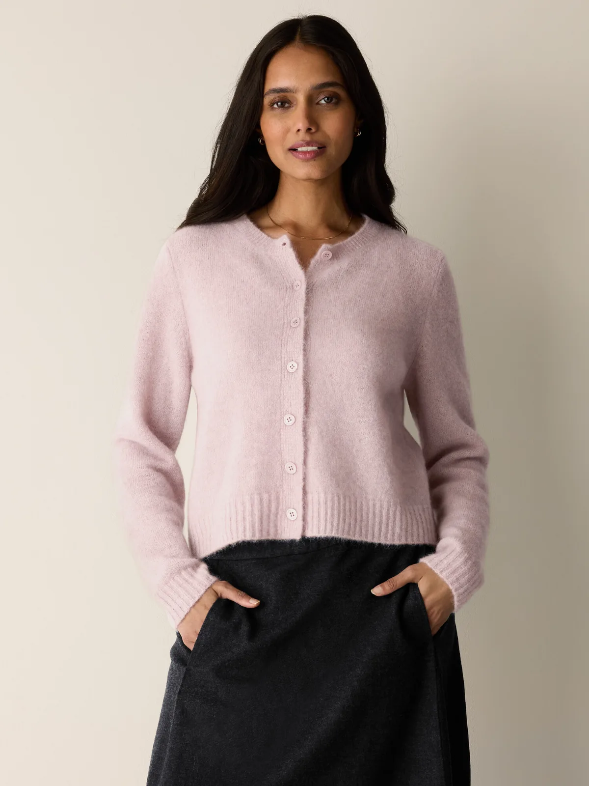 Mohair Plush Melange Crew Neck Cardigan