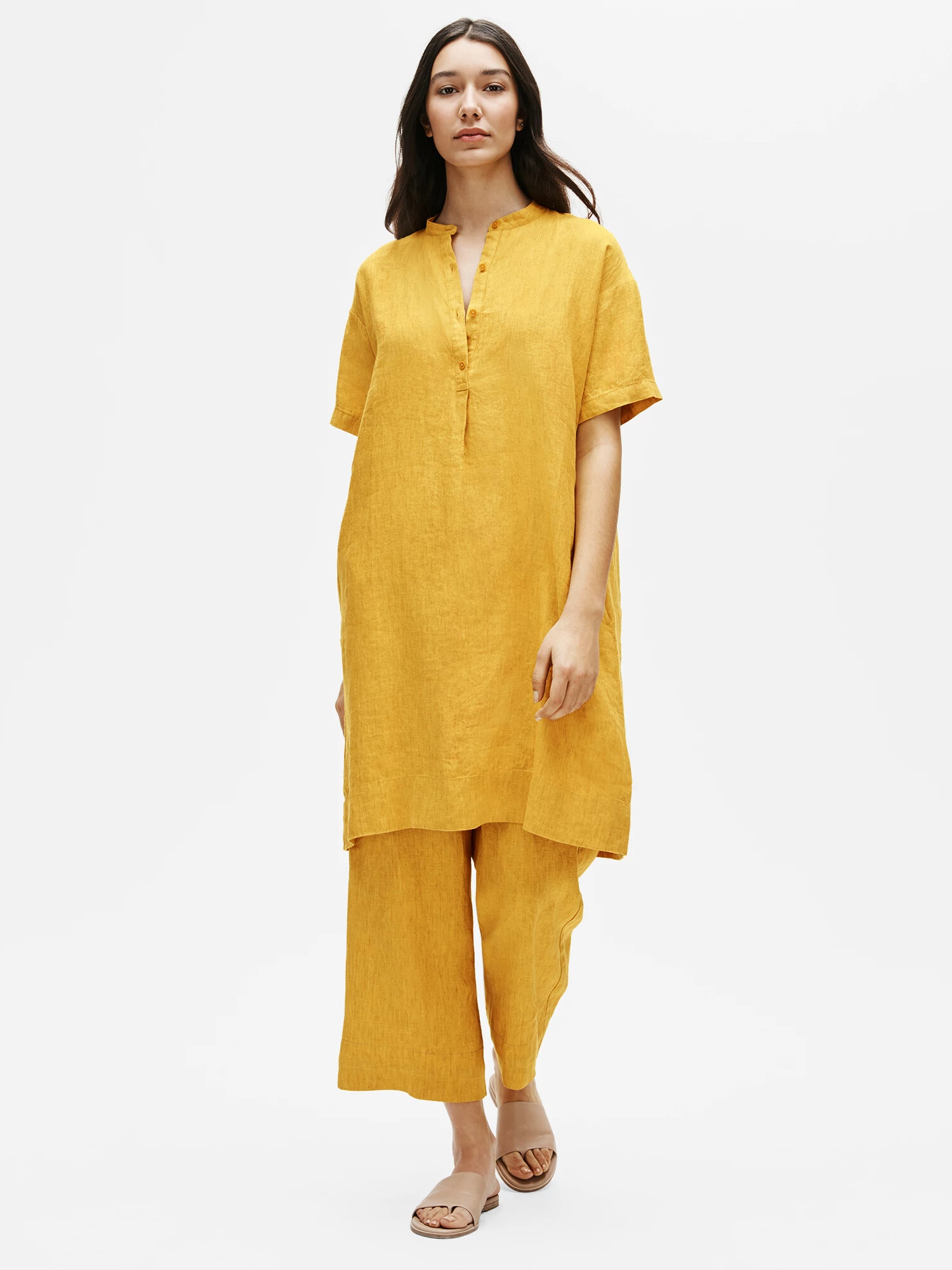 Washed Organic Linen Delave Mandarin Collar Shirtdress by EILEEN FISHER