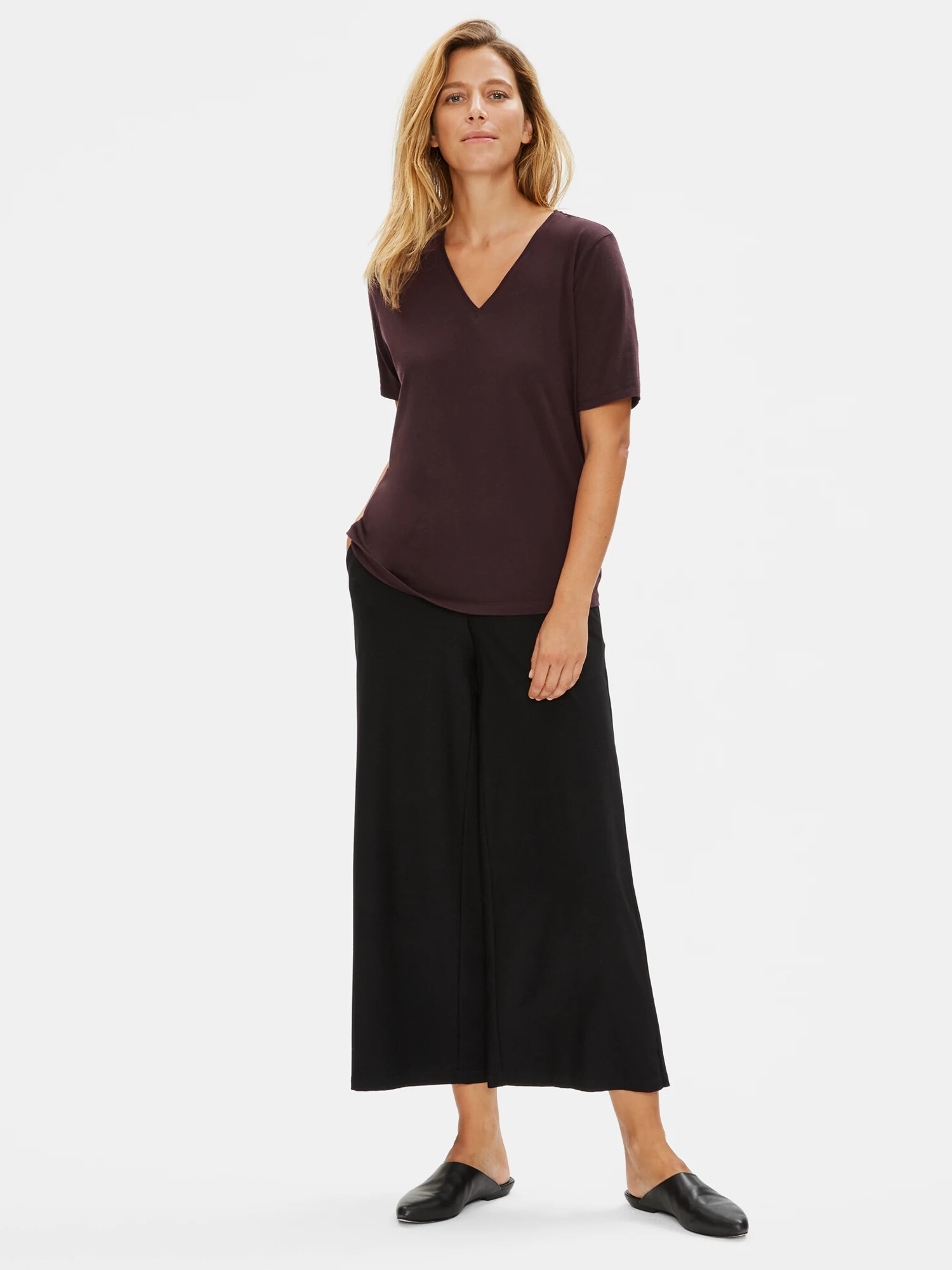 Organic Cotton Stretch V-Neck Tee by EILEEN FISHER