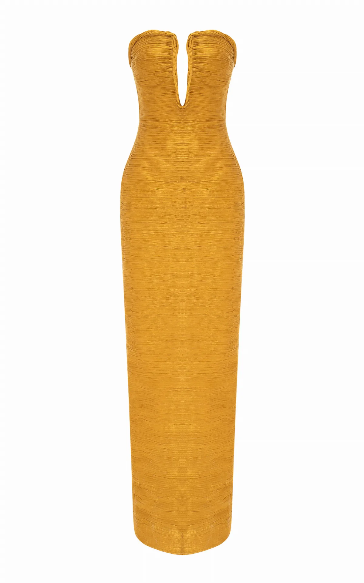 Strapless Plissé Column Gown with Cape