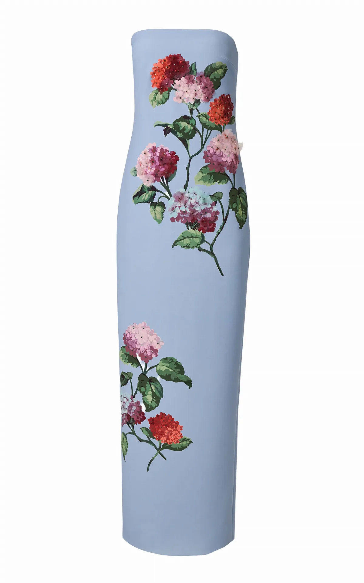 Strapless Hydrangea-Embroidered Column Gown