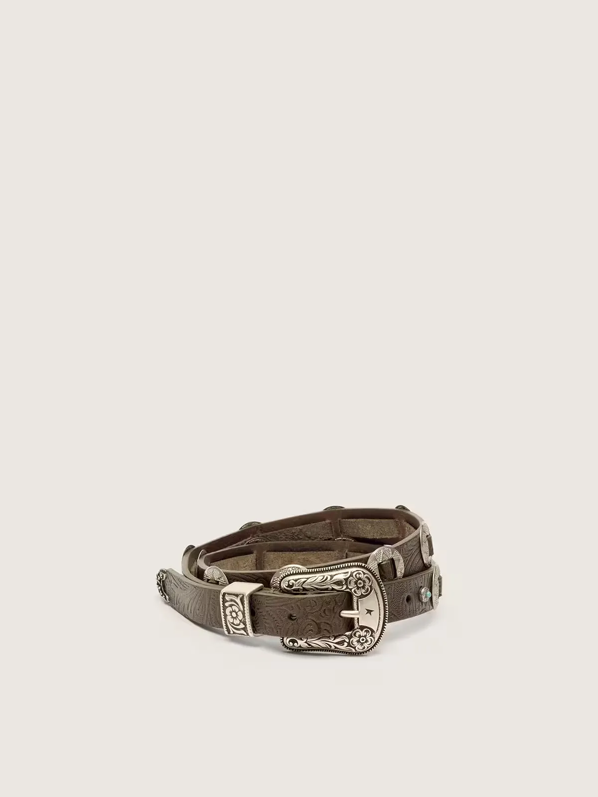 Lace Belt in Washed Brown Leather with Raised Floral Pattern and Metal Inlays