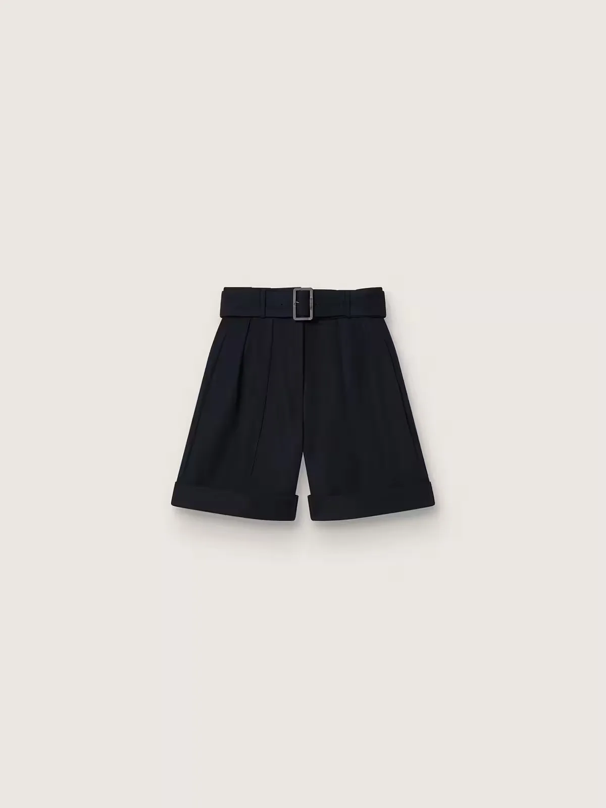 Shorts in Black Wool Gabardine with Waist Belt