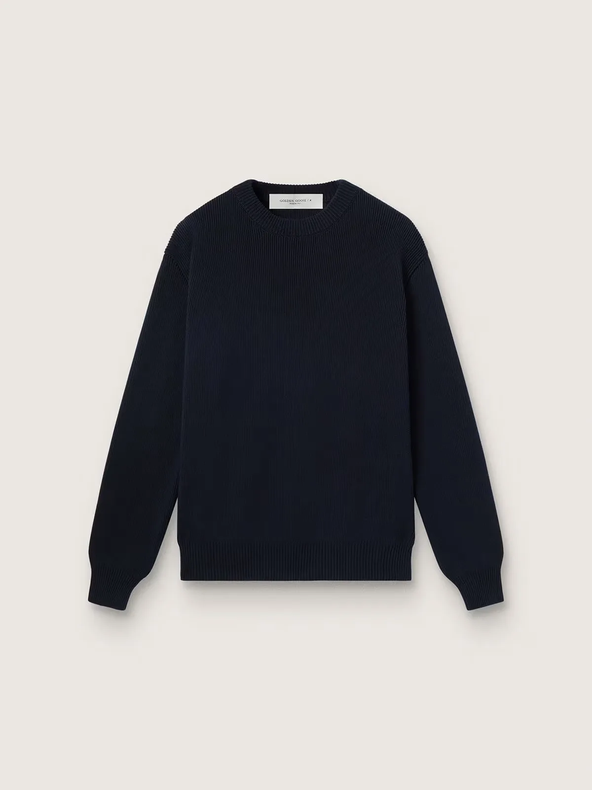 Round-Neck Sweater in Dark Blue Cotton with Logo on the Back