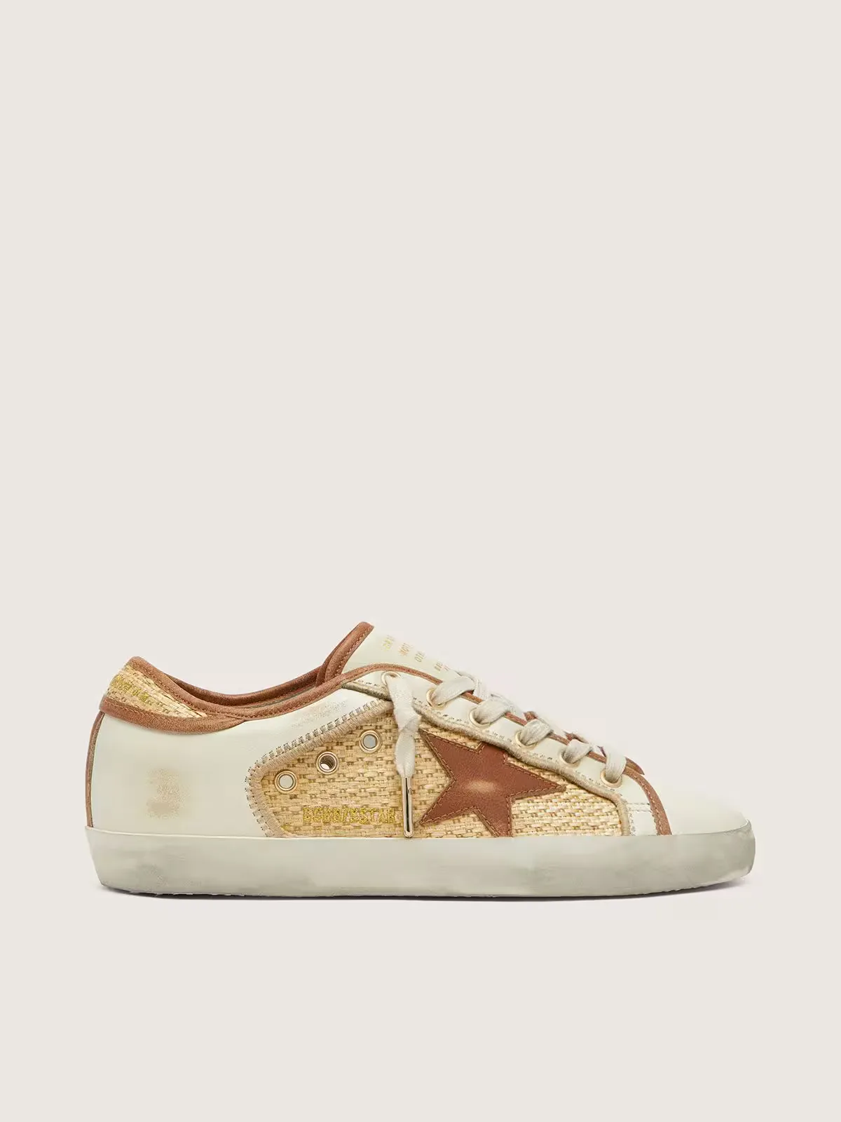 Super-Star in White Leather and Raffia with Brick-Red Star and Inserts