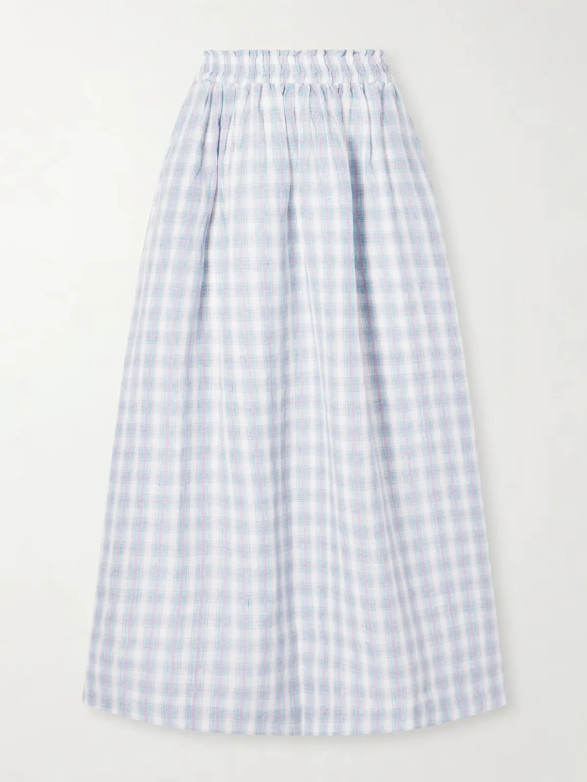 Pleated Checked Linen Midi Skirt