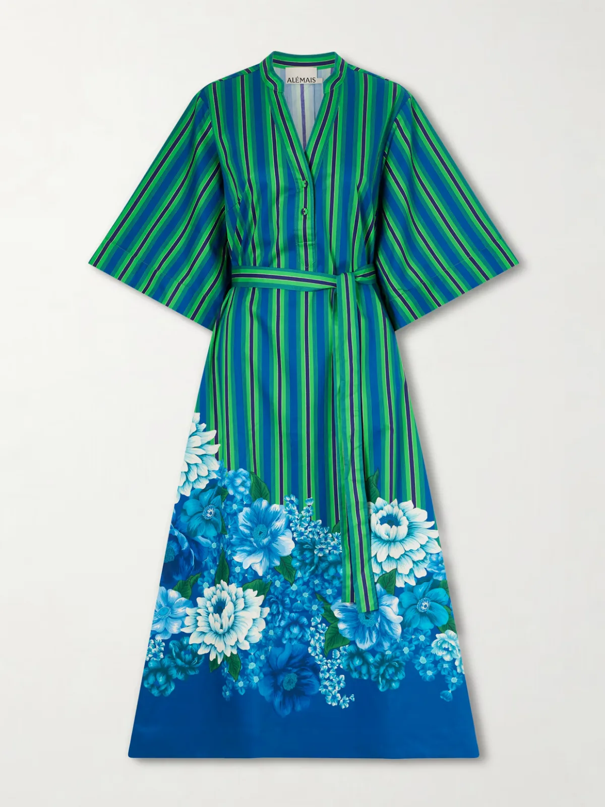 Margo Belted Striped Floral-Print Organic Cotton-Poplin Midi Dress