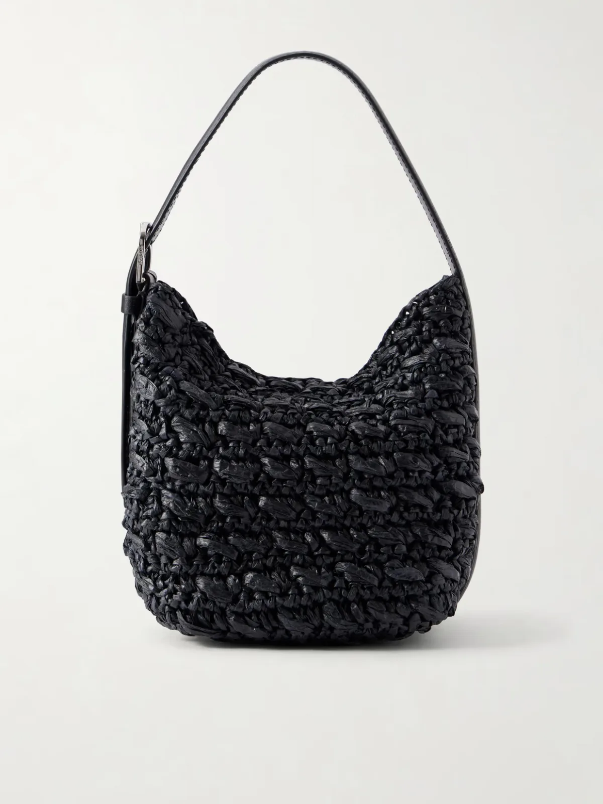 Belted Small Leather-Trimmed Raffia Shoulder Bag