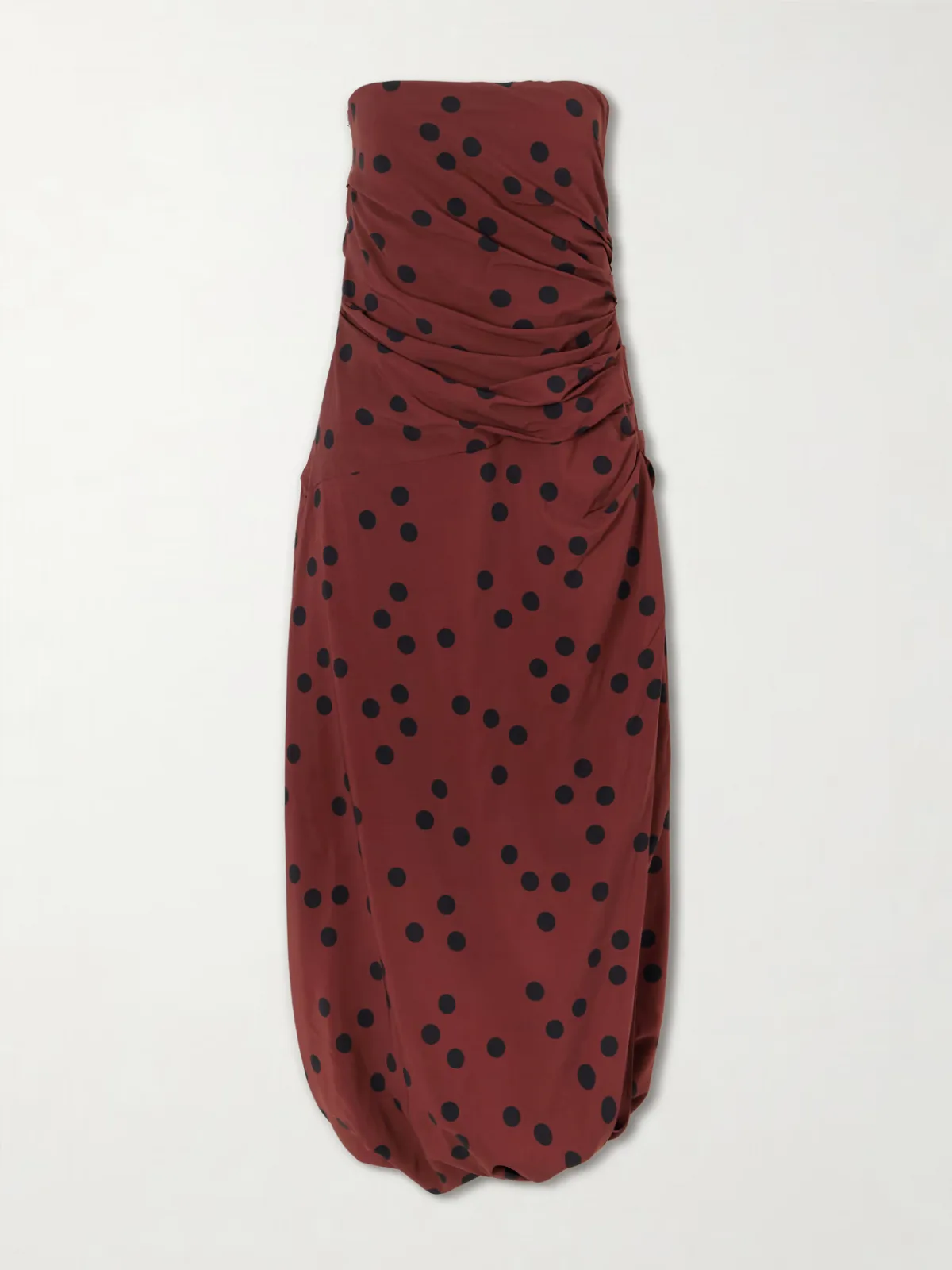 Nayara Strapless Gathered Polka-Dot Crepe Midi Dress