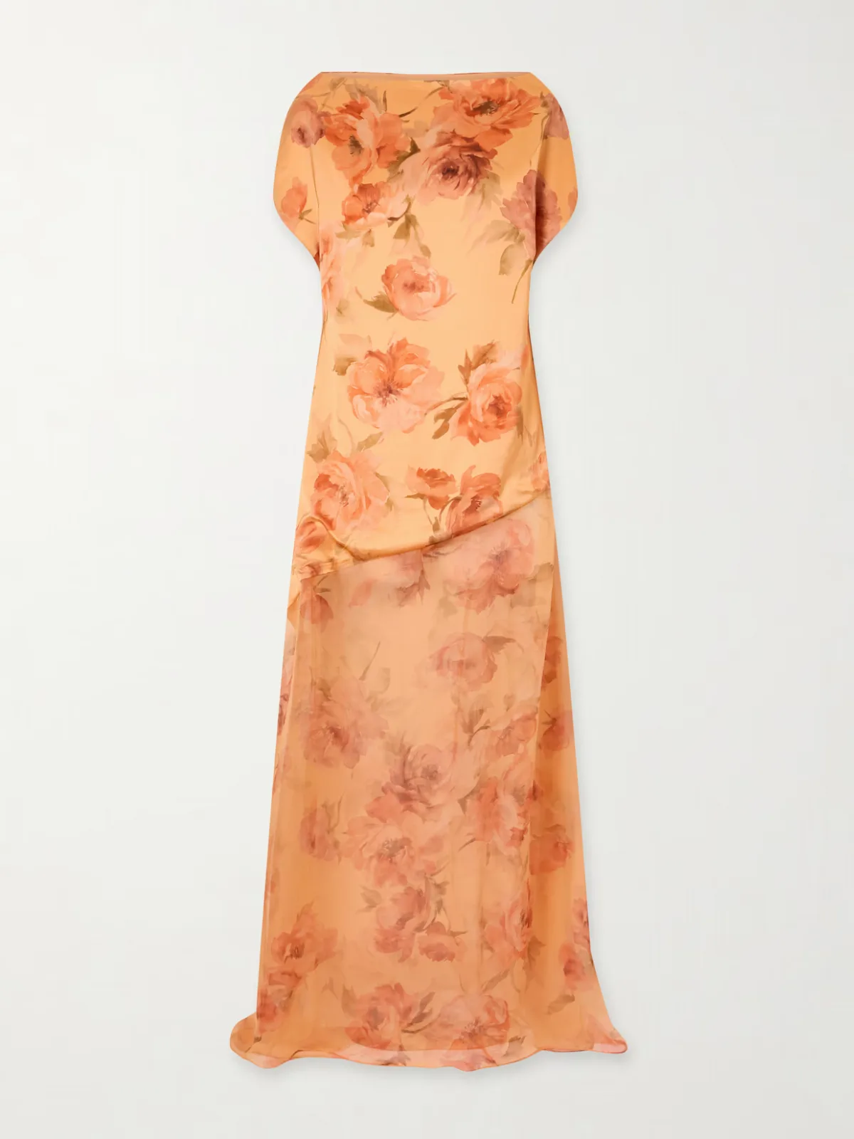 Floral-Print Chiffon-Trimmed Satin Gown