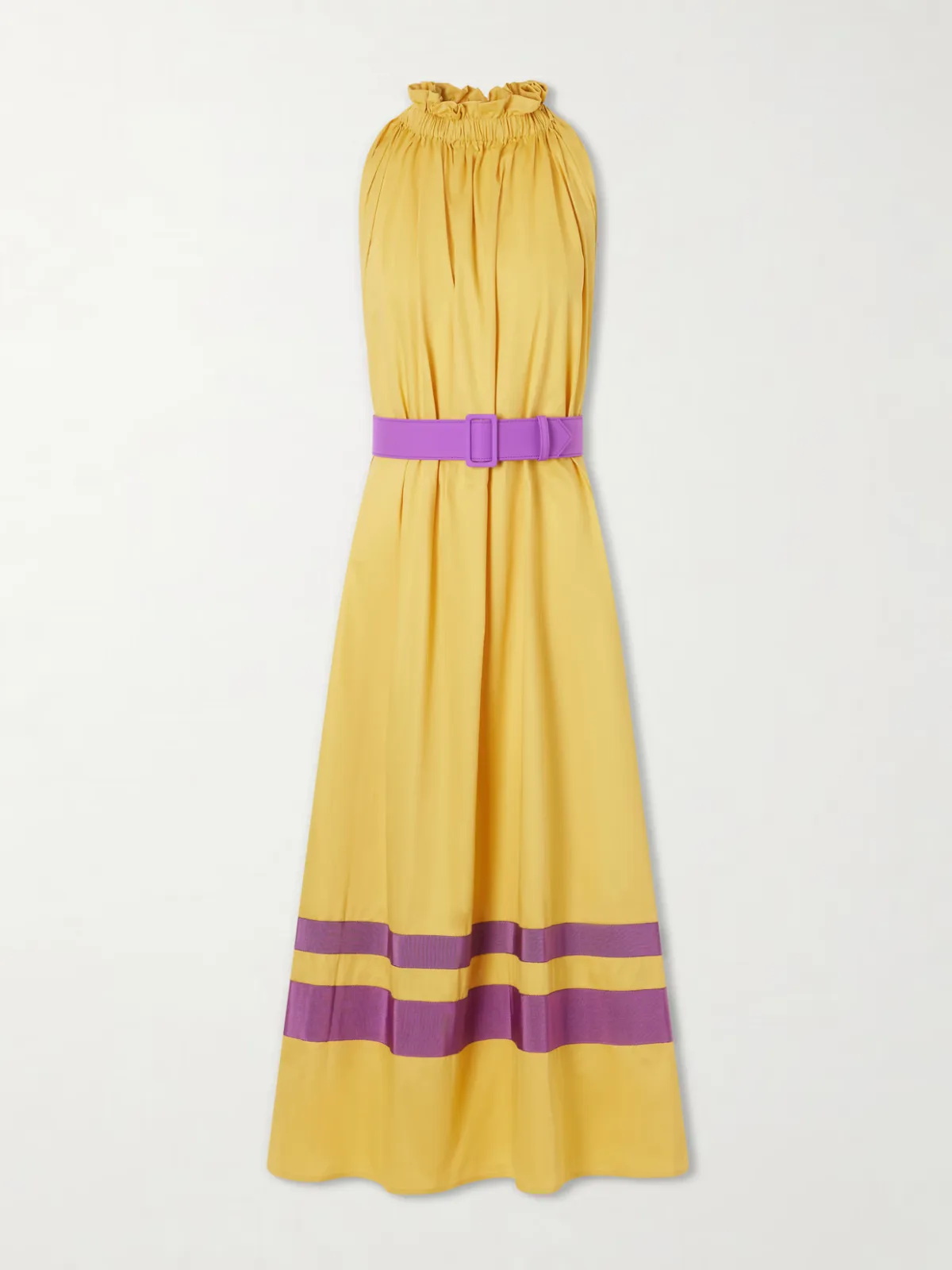 Camogli Belted Ruched Grosgrain-Trimmed Cotton-Poplin Halterneck Midi Dress